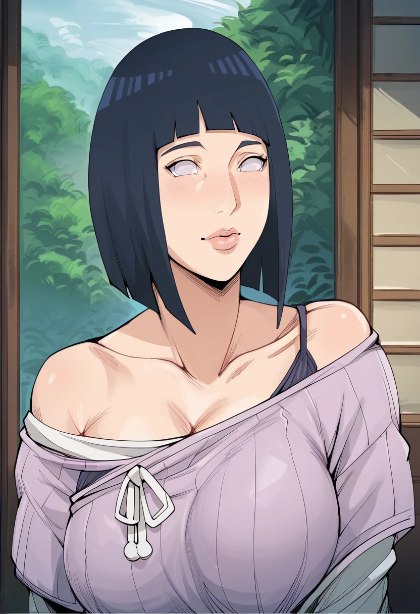 Meisterwerk, (white Shirt), Seductive face, gute Beleuchtung, Ausschnitt, Kleine Details, Meisterwerk, Leuchtende Augen, 1girls, schwarzes Haar, im Gesicht, Nezuko Kamado, Glyzinien-Hintergrund, Meisterwerk, best quality, Pov, Erotik,big boobs,show boobs,lila jogginghose,Breasts pressed together