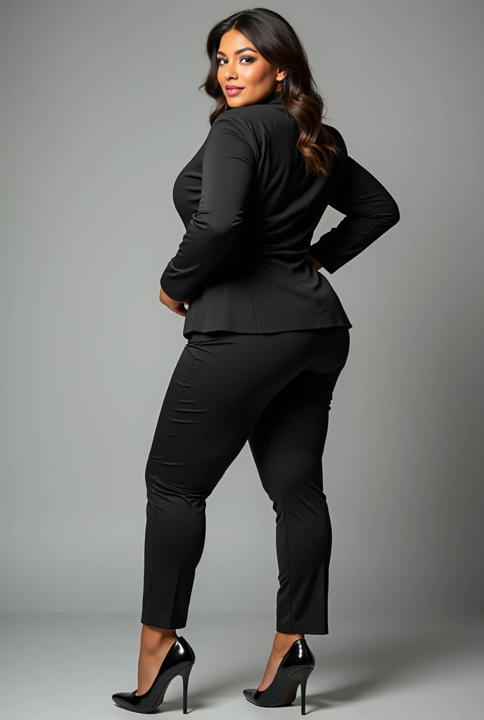 A 40-year-old Canadian woman in a photo shoot, in a suit, thoracic, big ass. (Front and back view .)