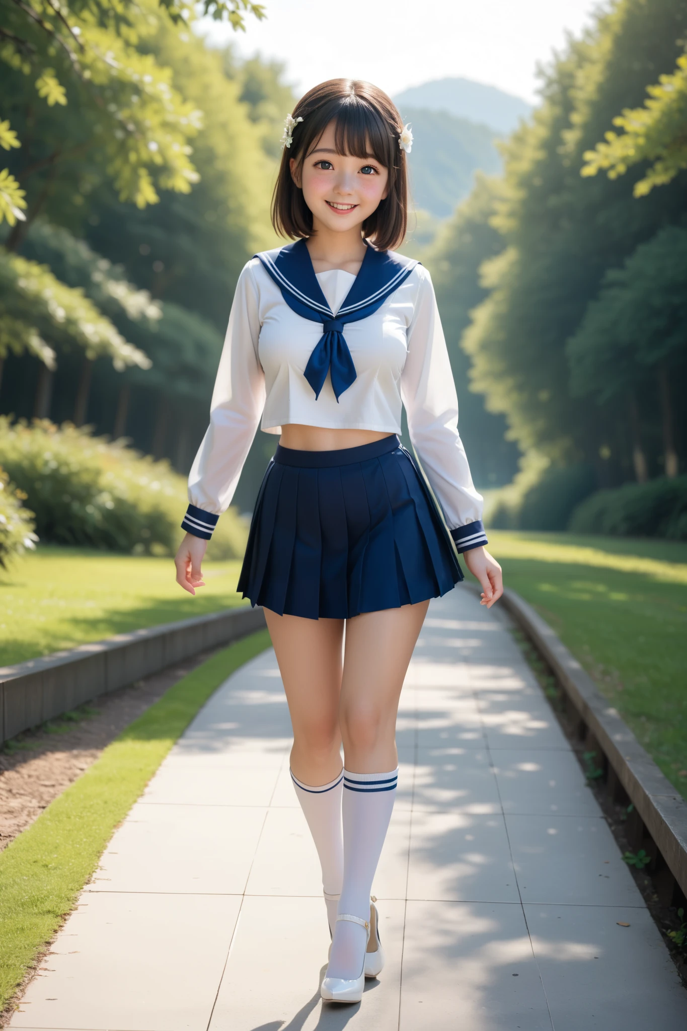 (highest quality:1.5)、(Realistic:1.5)、(1 person:1.5)、Very detailed、High resolution、8k、medium breasts、Natural color lips、Cute Smile、Japanese women、20-year-old girl、Beautiful and elegant face、Perfect and beautiful face、Balanced big eyes、Brunette eyes、Beautiful and elegant face、Natural double eyelids、Natural Bangs、Beautiful thin nose、Beautiful Skin、Medium Bob Hair、Natural Bangs、Perfect and beautiful face、Slim face and figure、Summer blue sky、Grass park on the mountain、Look at the viewers、School Sailor Uniform、White short-sleeved blouse shirt, navy pleated micro miniskirt,、Knee-high socks、Beautiful navel、Open the navel、臍が見えるSchool Sailor Uniformを着ている、High-angle composition、(Staring at the camera with a sweet smile)、Bright lighting、Professional Lighting、Forward lighting、Beautiful feet:1.2、Smooth Skin、Slim Body、Slim waistline、slim thin thighs、(Kneeling on the grass)、(A little angle from below)、Stand on one knee、A lawn with white clover blooming sparsely、