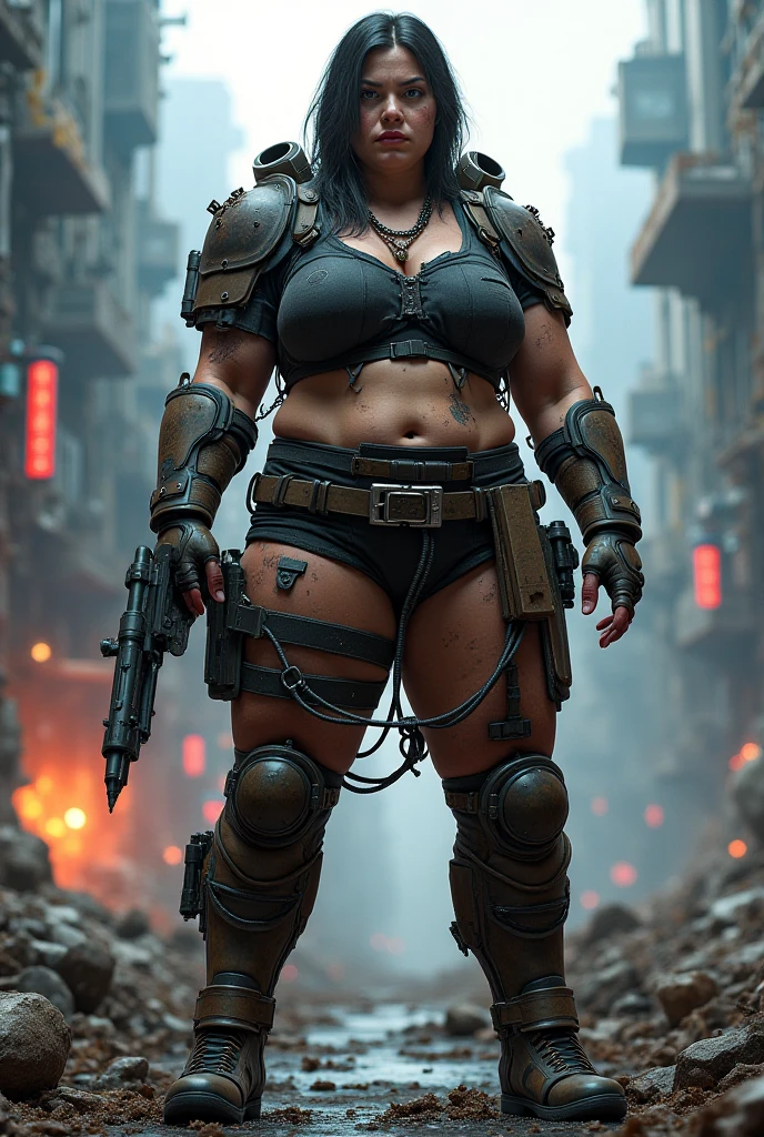 Superheroine in a too-short miniskirt,Panties are visible,Sweaty skin,With a destroyed town in the background,Queen of the Wasteland,Evil Knee-High Boots,Because it was stained by battle.,Realistic portrait