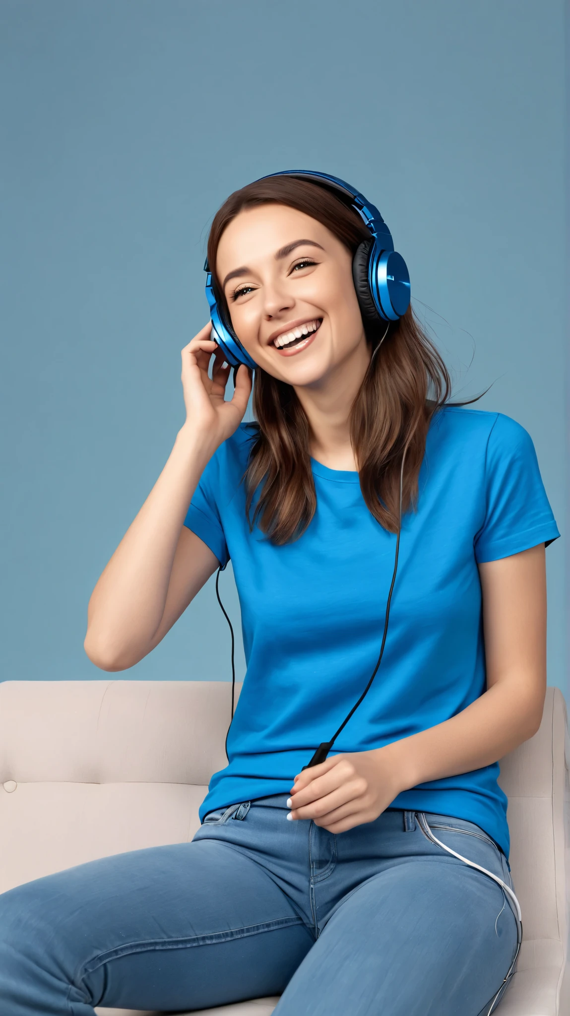 Create a realistic image, cinematic, bright lighting and neutral, clear background, A woman, king, with headphones, Listening to the radio. smiling and singing . happy. Blue t-shirt without any print and jeans.