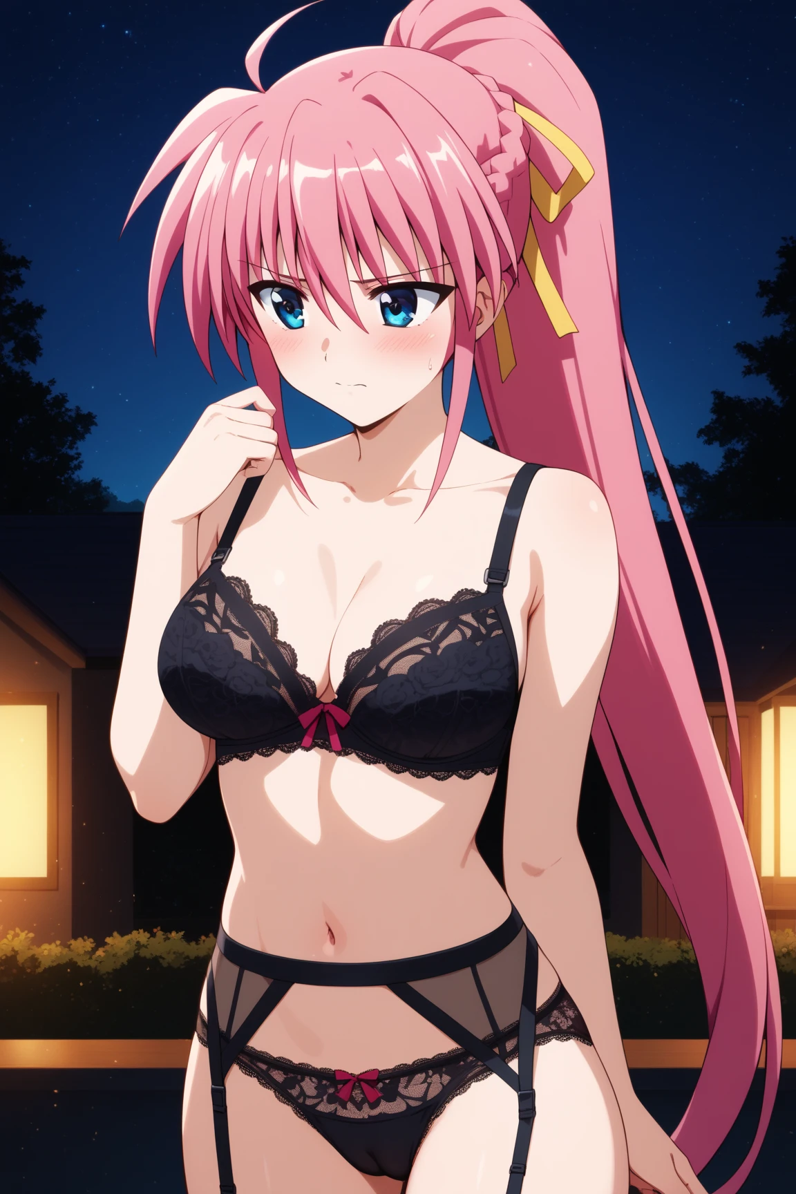 Anime girl, Zero Two, 002 from Darling in the franxx (best quality,4k,8k,highres,masterpiece:1.2), ultra-detailed, (Anime art style, :1.37), portraits, solo, one_girl, long_hair, beautiful_detailed_horns, pink_hair, stunning_breasts, delicate_hairband, enchanting_smile, captivating_gaze, medium_breasts, white_hairband, simple_background, elegant_arms_up, Elegant_Pose, stylish_bangs, mesmerizing_green_eyes, delicate_closed_mouth_smiling,Red Coloured_Xs_and_Os_Women's_Lace_&_net_Floral_Above_knee_Babydoll_Lingerie,fiery_red_horns, exquisite_Lingerie, breathtaking_red_Lingerie, alluring_Lingerie, cascading_very_long_hair, straight_hair, confident_standing_pose, elegant_necktie, Full_body_illustration.
