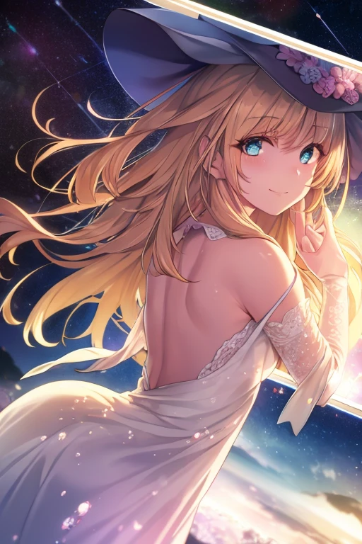 (table top.highest quality).(dynamic angle). (CG painting with very impressive details),(perfect image)、comic strip.shape.1 girl.detailed face、perfect face.delicate face、1 girl, alone, (witch hat), blonde hair, long hair, dress, aurora, night, star (null), mitt, (((null, White dress, night days)))、rough skin、black hair.length、((beautiful blue eyes)).delicate and beautiful eyes、fine eyes、reflected eyes、smile.(look at the audience:1.3).(face is a little red:0.8)、8k wallpaper、cowboy shot、reflected light、most detailed、Complex、delicate background、rough skin、fine skin、(super resolution)、