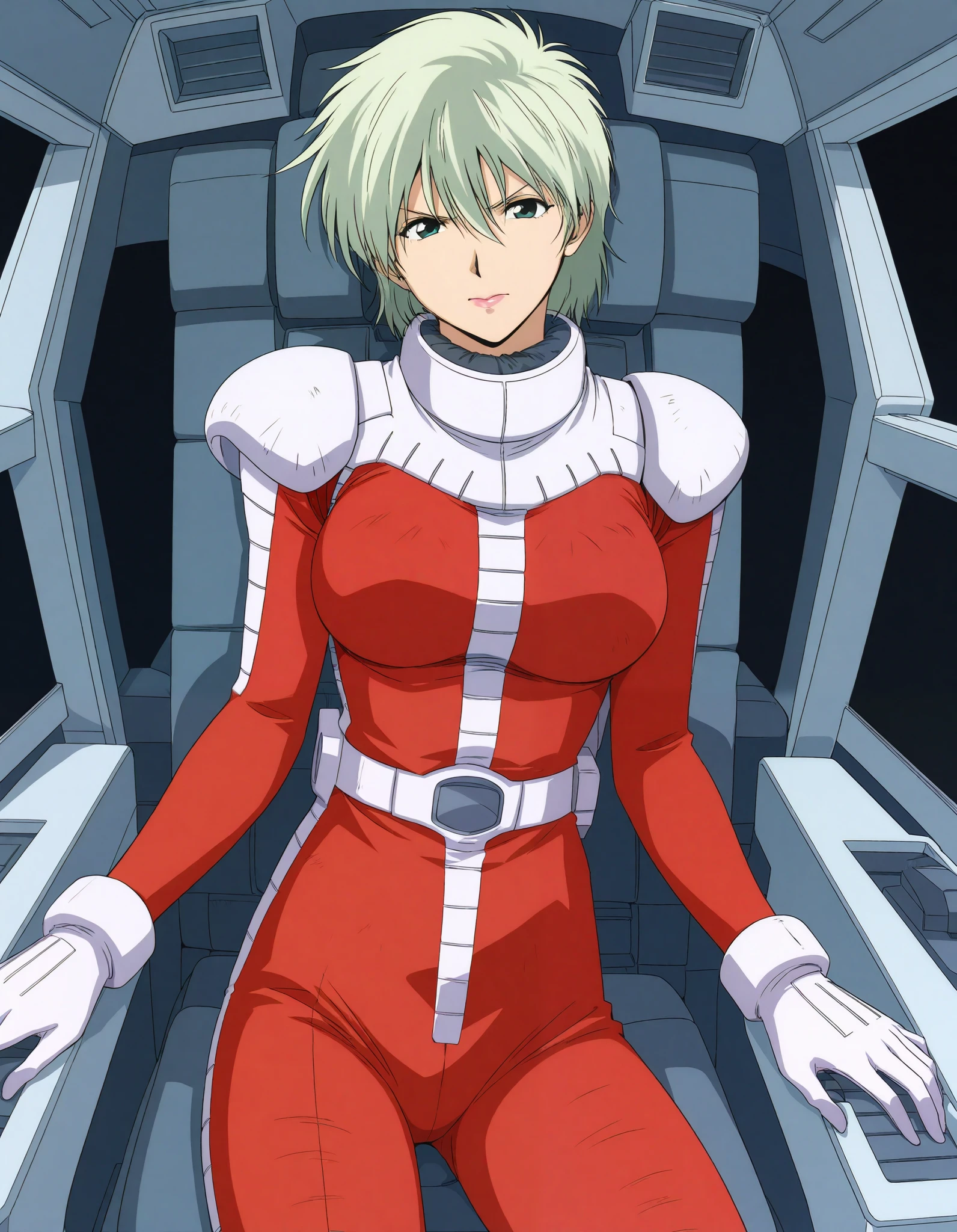 masterpiece, best quality, good quality, 1girl ,Alone,cowboy shot,standing,looking at viewer,(1990s \(style\):0.2), ainasahalim ,green hair,green eyes,short hair,lips,lipstick,large breasts,(smile:0.5),closed mouth,pilot suit, red suit、The background is cockpit 、 sitting in the cockpit、 angry face、口を開けて叫ぶ