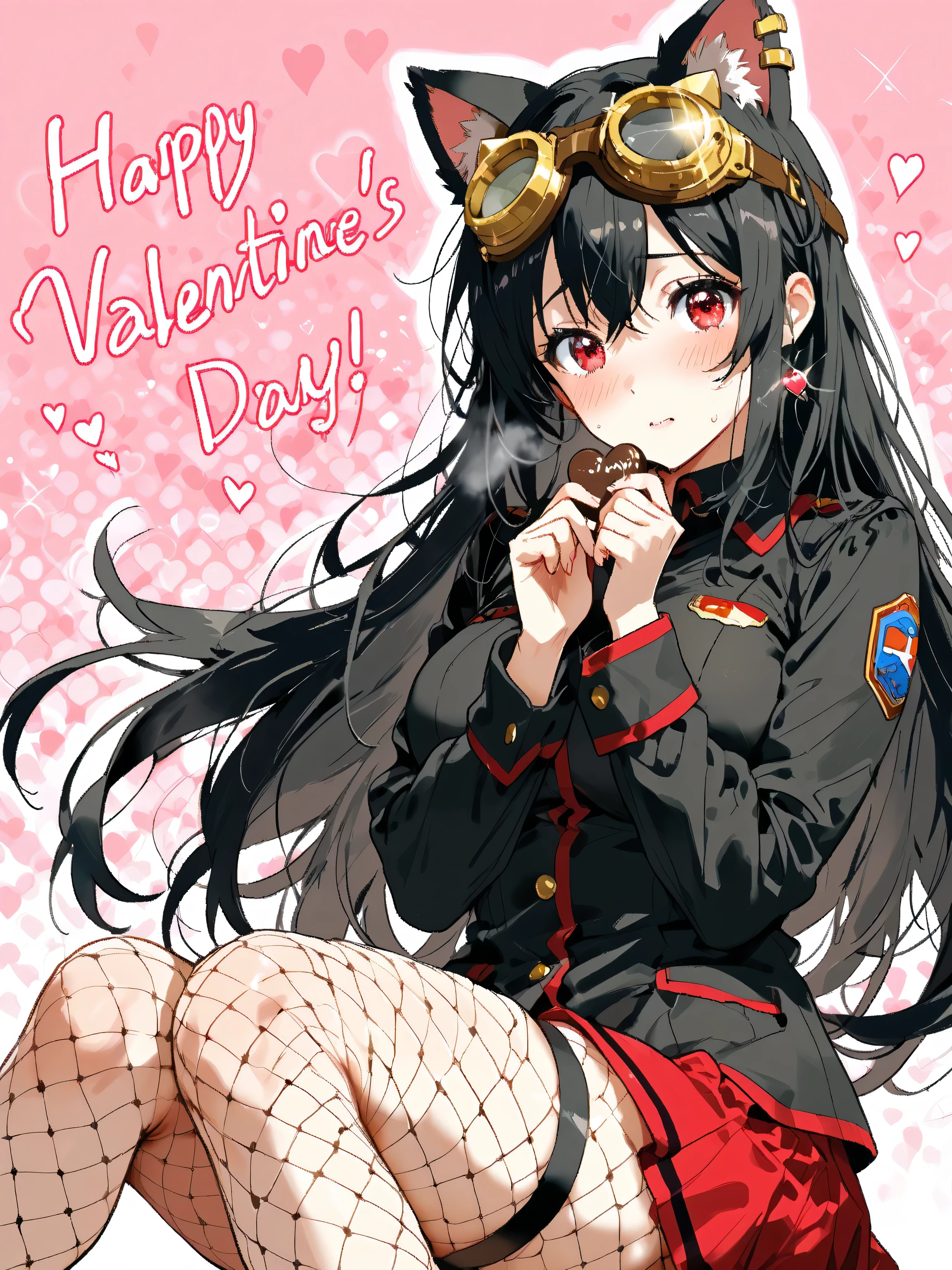 1girl , (Happy Valentine’s Day :1.2), has mature dignity and strength 、 creates Valentine's Day chocolate with a flick of the arm、 That momentum creates delicious heart-shaped chocolate。What are the characters and backgrounds drawn in detail、 lyrical power and Combining elegant beauty 、 The outline of a sparkling hologram shines brightly 。Crimson Eyes reflect hidden passion and love 、 style make its presence stand out even more。
(Goggles and cat ears , WOMEN AROUND THE WORLD ALWAYS WEAR GOGGLES AND CAT EARS , she is cutting-edge WEAR GOLD GOGGLES :1.2).
futuristic gold goggles and cat ear accessories make the long jet black hair dancing in the 、 symbolizes individuality and refined strength 、 has a visual impact 。
( beautiful, straight, jet black long hair , red eyes:1.2).The well-worn black military uniform and red skirt are characteristic、Fishnet tights effectively express femininity。 with lovely gentle expressions and heart effects。
background:
Today is Valentine's Day。She will give you heart-shaped chocolates made with all her heart with excitement。This story is set in a heart-shaped romantic date spot colored with pink neon lights。The night view is beautiful and it looks cold with a little snow。A 28-year-old long-haired Japanese woman with white breath 、Her cheeks are dyed red and she looks embarrassed。