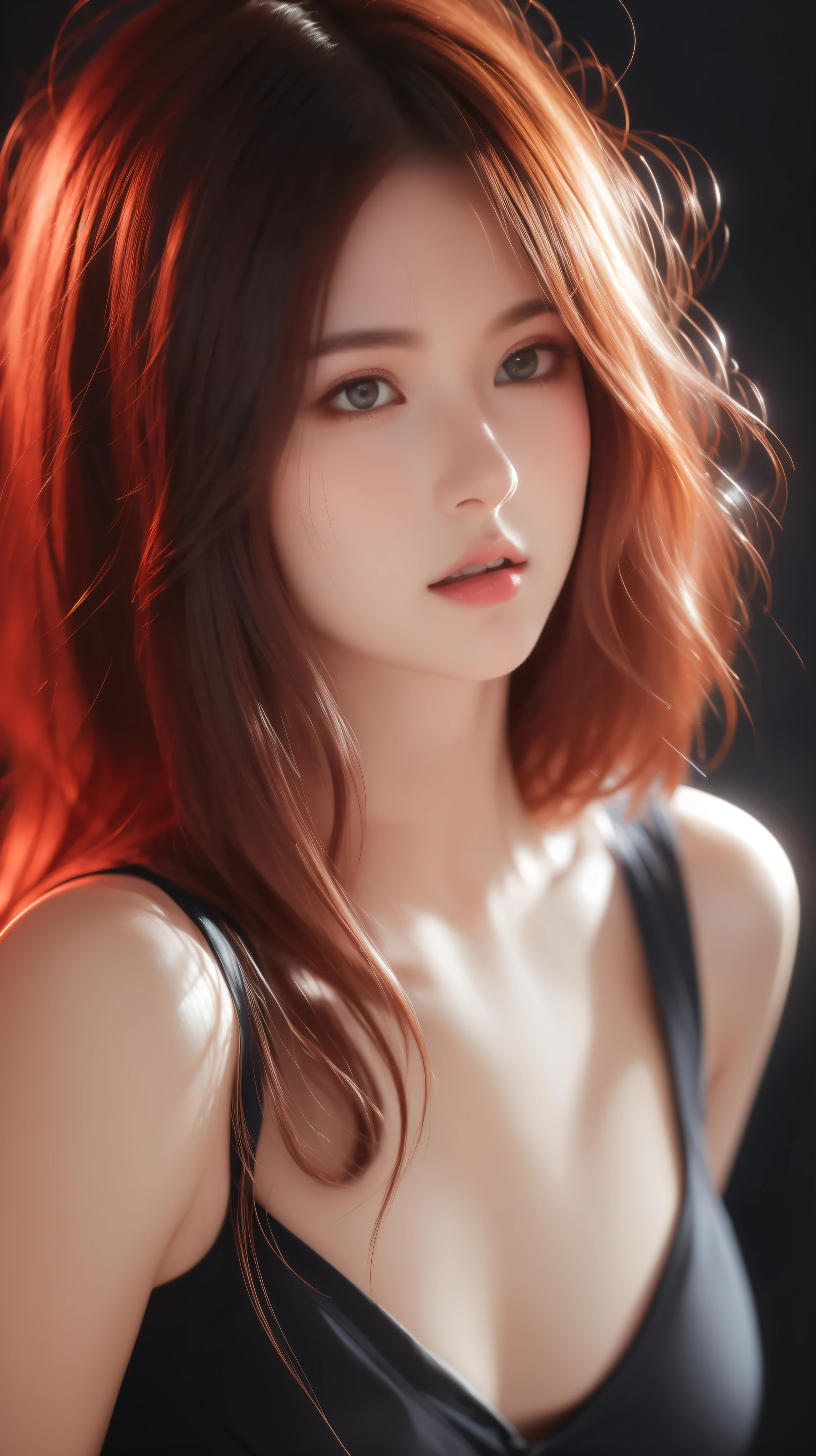 1girl, star eye, blush, perfect illumination, red hair, red eyes, unreal engine, side lighting, detailed face, bangs, bright skin, simple background, dark background