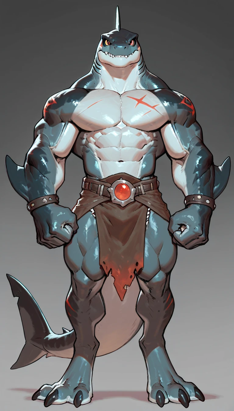 powerful, anthropomorphic, aquatic, shark-like alien humanoid, large imposing physique, muscular build, stern menacing expression, smooth bone-like skin, red gemstone embedded at the top, narrow glowing eyes, white pale skin, shoulders adorned with a thick, fur-like material, on right shoulder large ornate armour piece resembling a horned beast's skull, chest is marked with red, tribal-like symbols, necklace made of green stones or gems