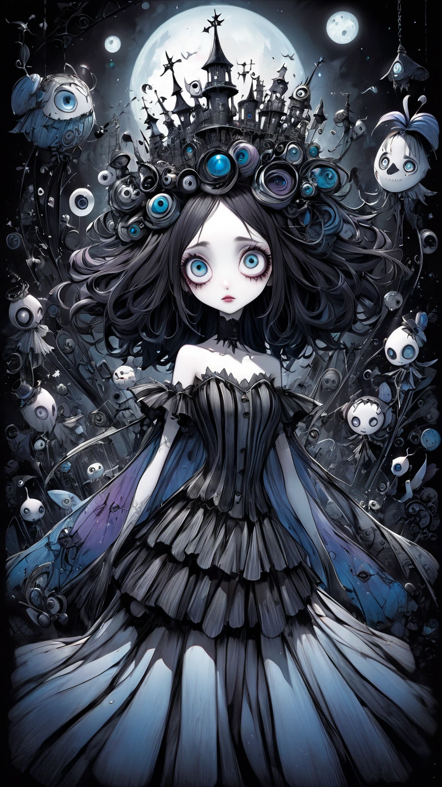 <lora:DarkestDungeonSDXL:1> ddstyle <lora:add-detail-xl:1> (halloween theme), (scary), Prepare to be enchanted by the ethereal beauty of a girl with sparkling big eyes, whose cute face exudes an irresistible charm. In the style of anime, this image showcases her in a glamorous setting, surrounded by a scary celestial backdrop of sparkling stars. The scene exudes a sense of cinematic magic, transporting you to a realm where beauty and wonder intertwine. Let the sparkling stars and the ghost girl's captivating presence captivate your imagination, as this anime-inspired image immerses you in a world of glamour and enchantment of horror.
