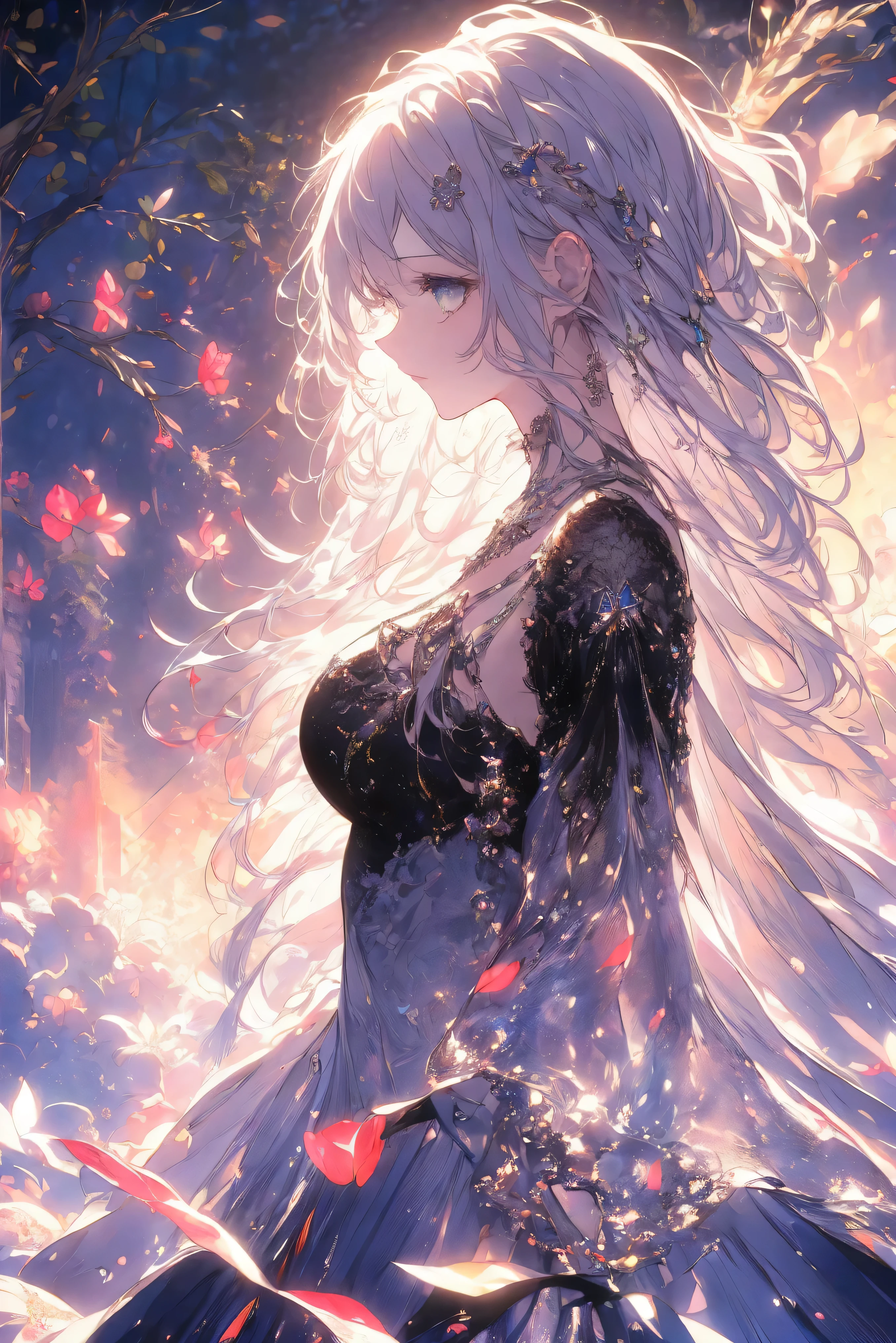 ( landscape photography, There is a woman in the bottom right of the photo :1.5, in the white garden:1.5), Masterpiece, top quality, ( highly detailed CG Unity 8k wallpaper ), ( top quality), Hi-Res RAW Color Art, animation ,Sculpture, (Black marble skin), ((( Ultra Detailed and Elegant ))), Magical Atmosphere , detailed skin, texture ,(Exquisite details, Fine section, Ultra Detailed Art ), depth of field on the shoulder, Bokeh, Silky Touch, hyper details, beautiful eyes, elegant face, (Upper Body Focus ), sparkle background, Big Breasts:1.3, ( Silver Hair), pure white, pose , logic, embarrassed face, Rose, dramatic light , profile