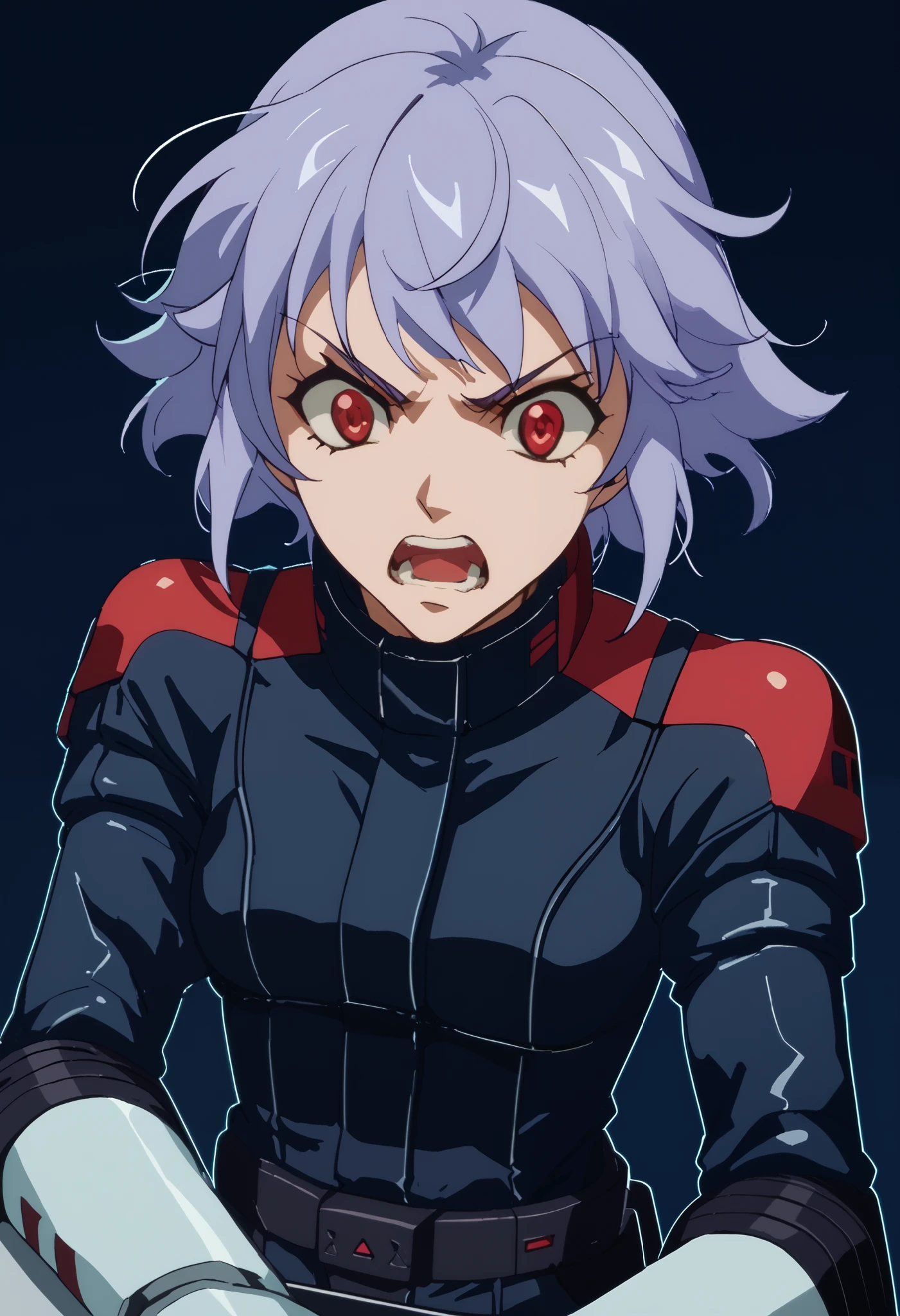 Z Gundam pilot suit, ( black pilot suit for piloting a machine:1.5) 、、 Destroys Top Quality 、 Refined details 、 Source Anime 、 1 girl、 short hair、 purple hair 、 red eyes、The background is cockpit 、 angry face、Open your mouth and scream