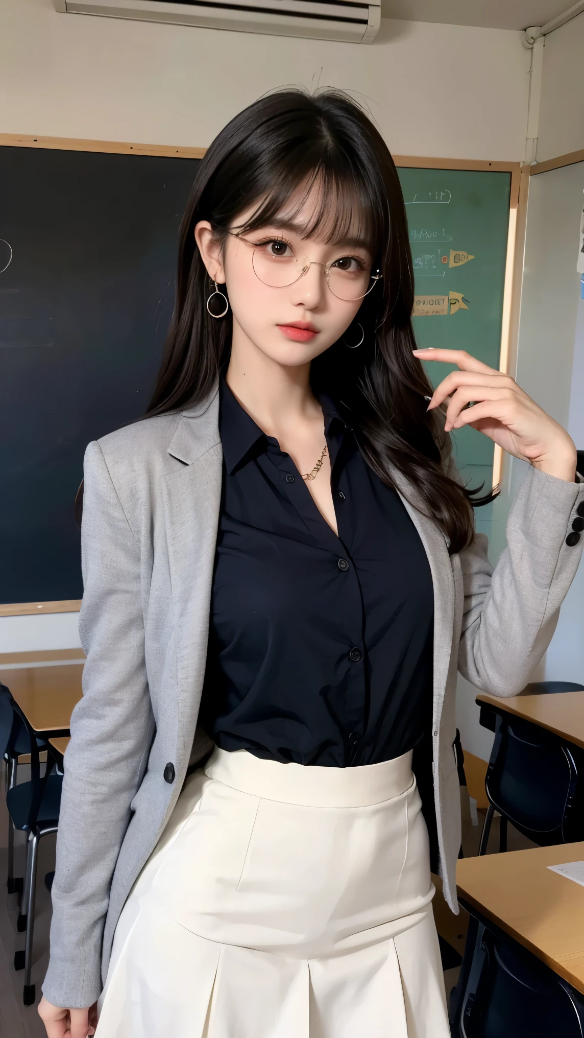 ((best quality)), ((masterpiece)), (detailed), perfect face, textured skin, ((super detail)), black hair, bangs, hair behind ear, very long hair, jewelry, earrings, masterpiece, textured skin, high details, best quality, Adult woman, high school teacher, wearing a jacket, dark blue suit, white blouse, tight skirt, mature woman, good figure, standing alone in the classroom, in class, eyeglass