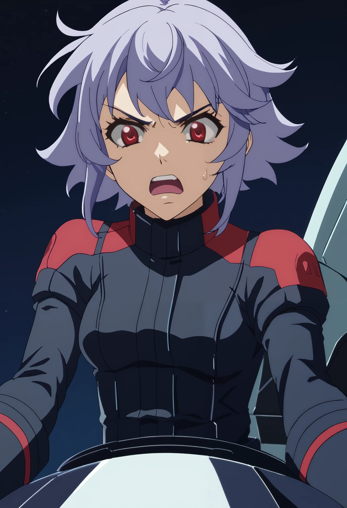 Z Gundam pilot suit, ( black pilot suit for piloting a machine:1.5) 、,score_9、 score_8_ up 、 score_7_ up 、 Destroys Top Quality 、 Refined details 、 Source Anime 、 1 girl、 short hair、 purple hair 、 red eyes、The background is cockpit 、 angry face、Open your mouth and scream