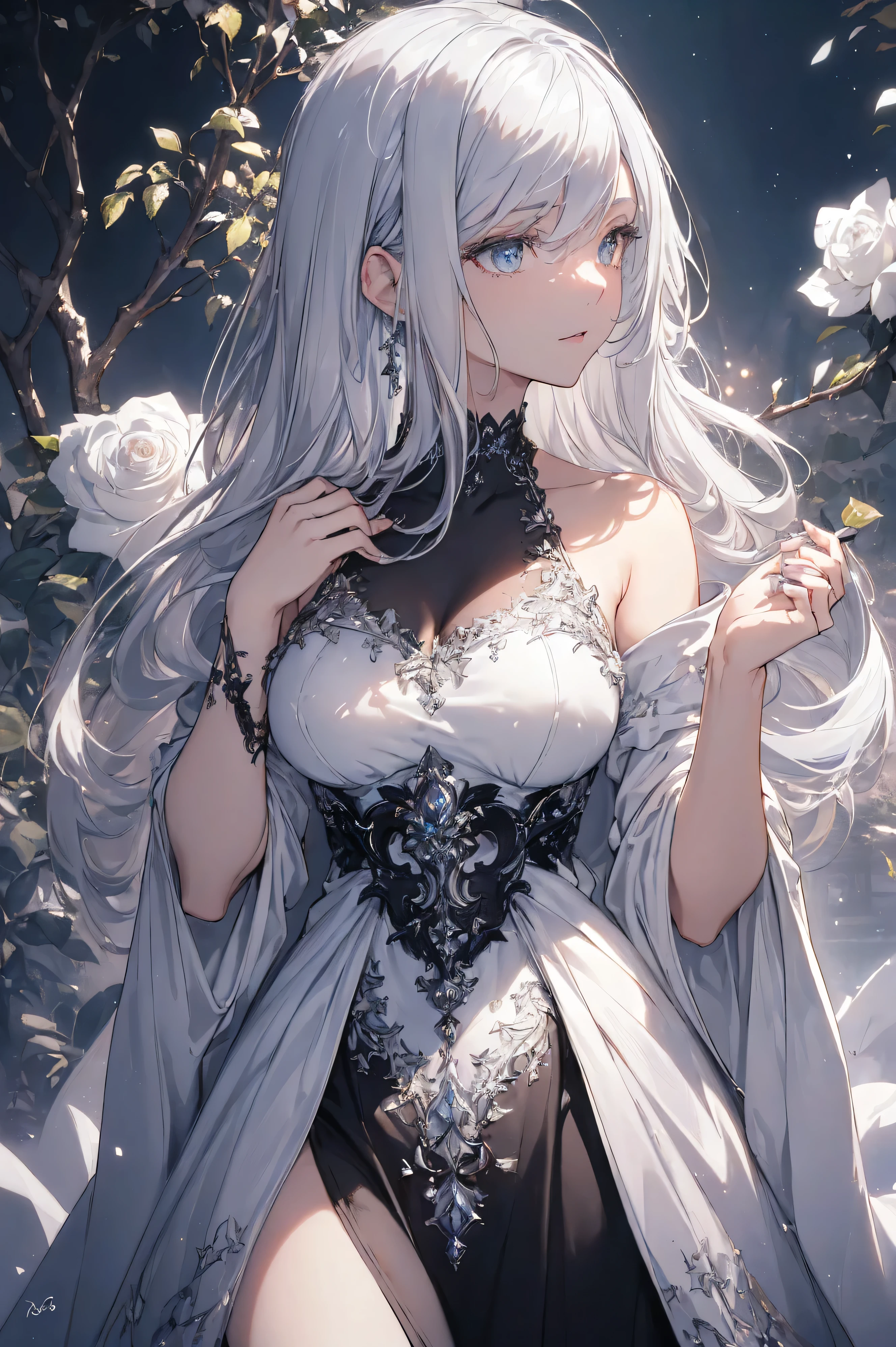 (Landscape photo, with a woman in the bottom right of photo:1.5, in white garden:1.5), Masterpiece, best quality, (very detailed CG unity 8k wallpaper), (best quality), High definition RAW color art, Animation,sculptures, (black Marble Skin), (((Ultra detailed elegant))), Magical atmosphere, Detailed skin, Texture,(Intricately detailed, Fine detail, ultra-detail art), depth of fields, Bokeh, Silky Touch, Hyper Detail, beautiful eyes, elegant face, (upper body focus), sparkle background, enormous breast:1.3, (silver hair), pure white, pose, muscle, embarrassing face, rose, ドラマチックな光, profile