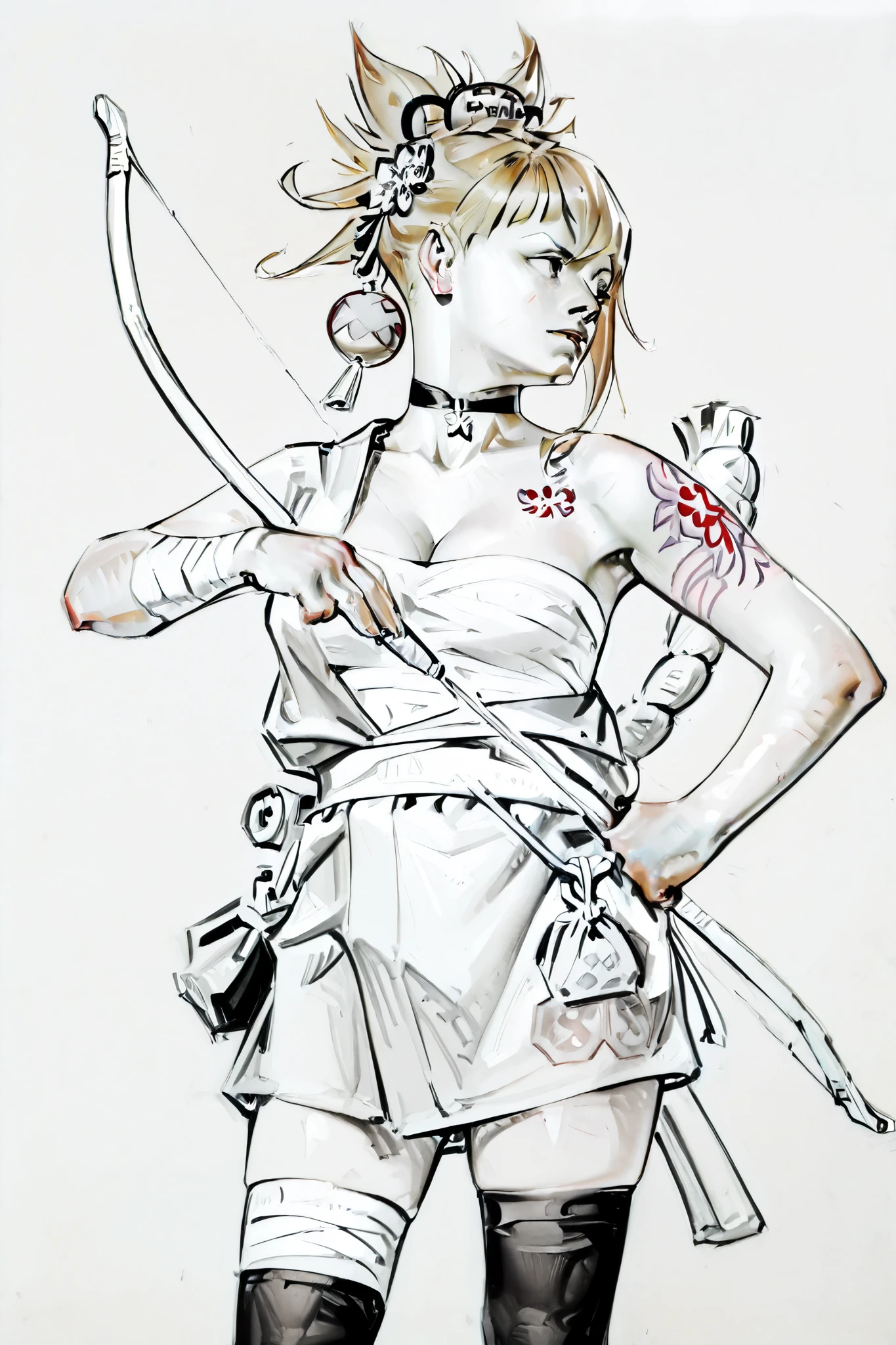 score_9, score_8_up, score_7_up, score_6_up, score_5_up, score_4_up, digital art,
BREAK
(masterpiece: 1.0), best quality, perfect anatomy, perfect composition, perfection, 4k resolution, absurdres, very aesthetic, professional artwork, absolutely beautiful, line art, lineart, greyscale, monochrome, realistic,
BREAK
1girl, solo, breasts, blonde hair, hair ornament, thighhighs, holding, standing, ponytail, flower, weapon, japanese clothes, choker, black thighhighs, kimono, holding weapon, hand on own hip, tattoo, bandages, rope, sarashi, bandaged arm, bow \(weapon\), arm tattoo, tube top, bandaged leg, chest tattoo, chest sarashi, hadanugi dousa, yoimiya