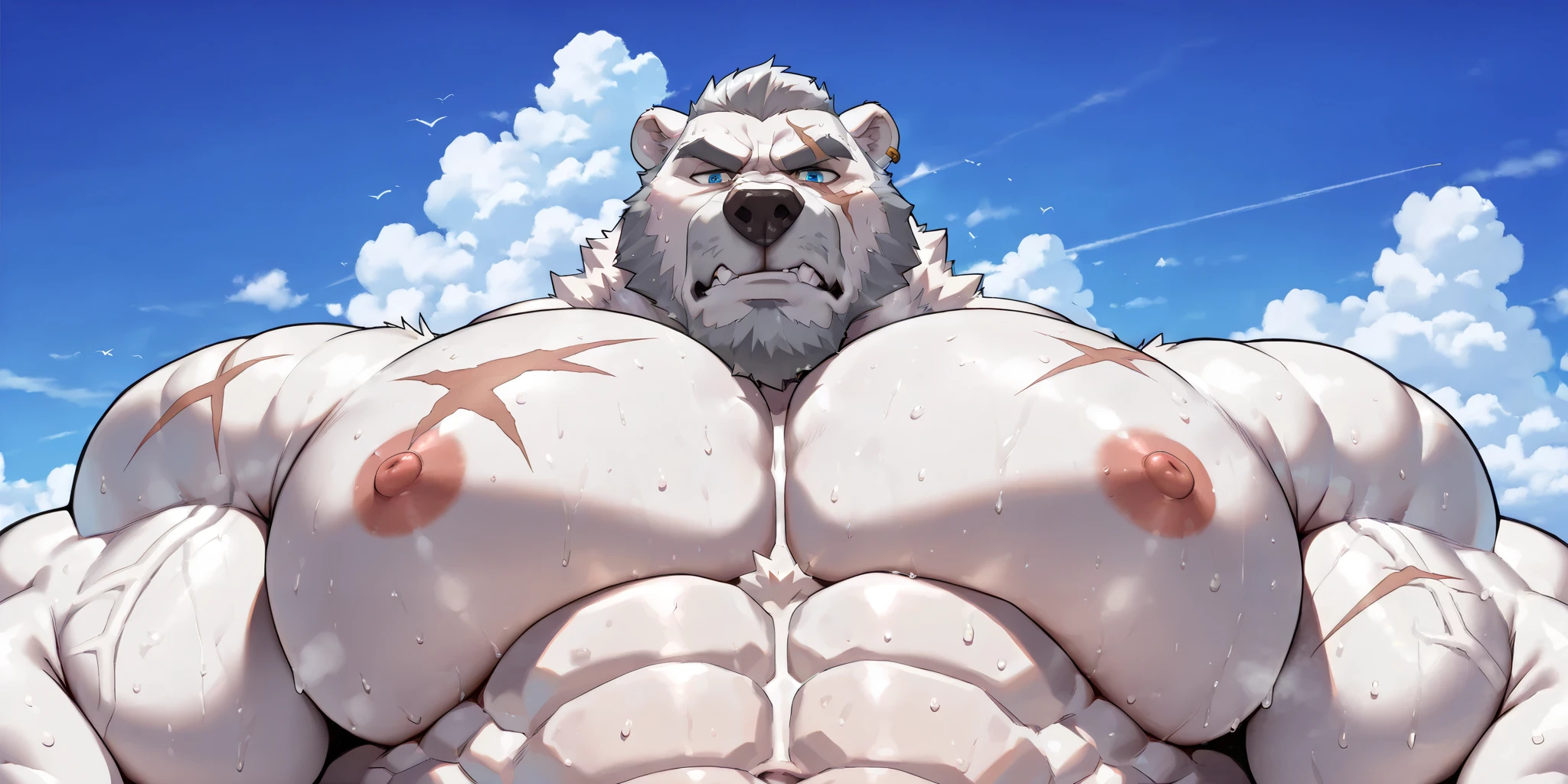 solo, 1boy, perfect anatomy, (furry white bears, polar bear) perfect proportion, snow, grin, big eyes, wide chest, bulky, bulk, bulge, happy. Huge Muscular Old man with short hair flexing his huge body,(white shorts), view from side, pectoral, thick arms, huge pectoral, wide pectoral, white hair, white beards, gym background, masterpiece, semirealistic:1.2, high detailed, 8k, high resolution, perfect center, full view. ((really big muscle, massive muscular, sixpack, thick arms, wide pectoral, super huge muscle, hyper muscular, over sized muscle, huge arms, big arms, huge pectoral))