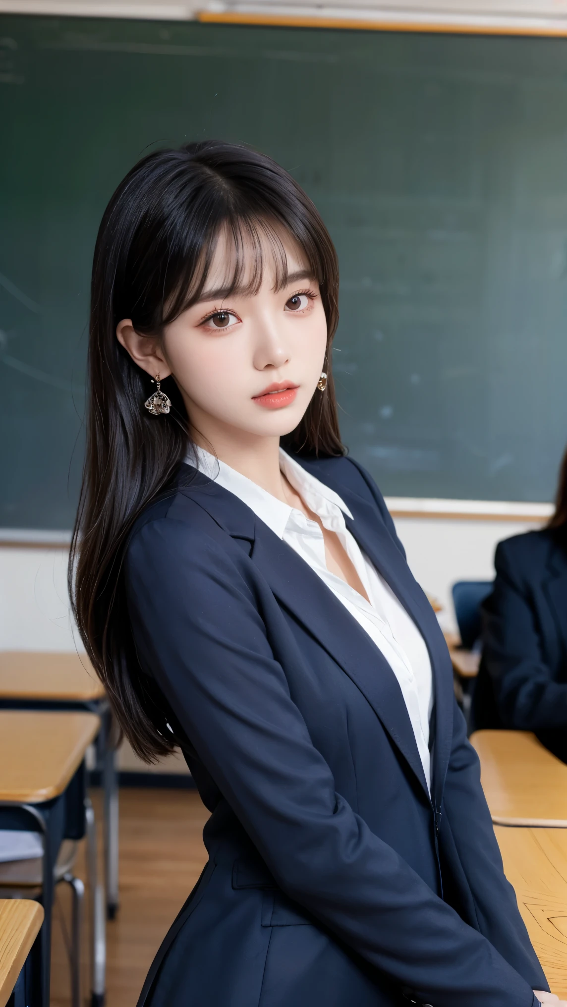 ((best quality)), ((masterpiece)), (detailed), perfect face, textured skin, ((super detail)), black hair, bangs, hair behind ear, very long hair, jewelry, earrings, masterpiece, textured skin, high details, best quality, Adult woman, high school teacher, wearing a jacket, dark blue suit, white blouse, tight skirt, mature woman, good figure, standing alone in the classroom, in class