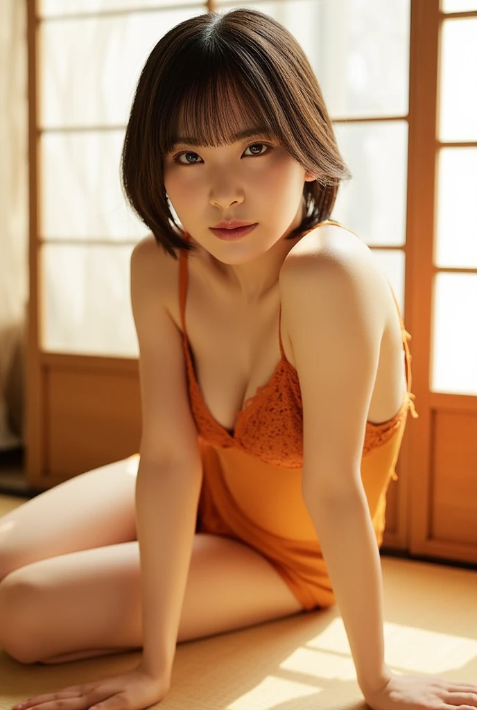 (Immersive Photography, Naughty photos, Full body photo:1.4),
(Motor show race queen costumes, Bunny ears, yellow, Orange, green, Chest is taut:1.6),
(The shape of the nipples is clearly visible through clothing, Super beautiful legs:1.2),
(She sleeps face down with her butt sticking out from the futon., Lips slightly open:1.4),
(I'm going to do something naughty with her now, I'm rubbing her , Kiss me:1.4),
(Large bedroom, Cute Wallpapers, Spotlight:1.2),
((24-years-old, The wife next door, Naughty lips, Blushing, My hair is messy, Body facing forward:1.4)),
((Small breasts, Flat Chest, chest is slightly drooping:1.2)),
Eye focus, Watery eyes, Narrow shoulders, Beautiful clavicle, Thin arms, Thin legs,
Slim figure, Soft belly, Tight waist, Ultra detailed face, super detailed breasts, Ultra-detailed skin,
Ultra-detailed lips, Fuller lips, Thick and soft lips, Glossy Lips, White teeth,
Beautiful actress makeup, Make-up, Dark lipstick, Dark brown hair, Delicate and soft hair,
Let your hair down, Fluffy short bob, Sweep your bangs to the side,
Stylish earrings,necklace,