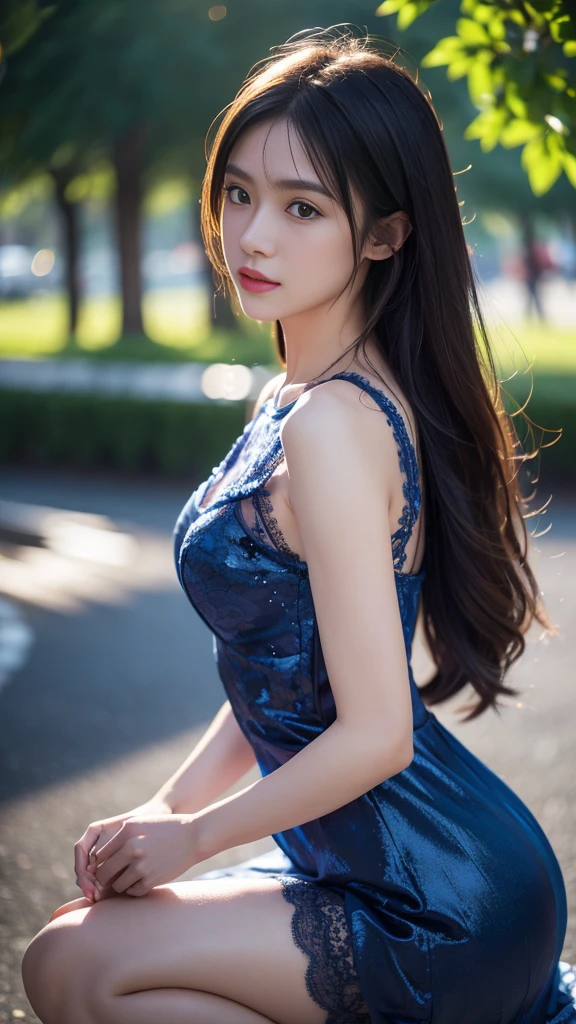 Tzuyu 1, woman, (Realistic), (Hyperrealism), (photoRealistic), Written boundary depth, eye make up:0.7 (whole body:1.8), (Large Bust),(Tight waist), Observe the audience,At the flower garden, Fashion Model, A sexy blue dress with open shoulders and neckline