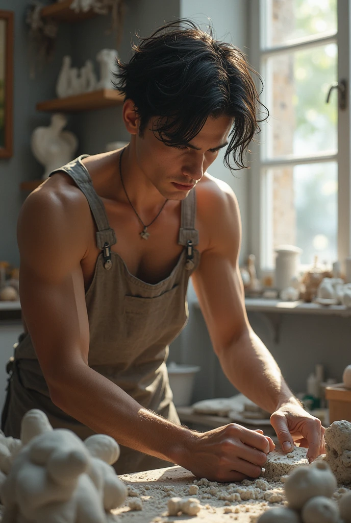 young, Beautiful, handsome, white, skinny, soft skin, beautiful face, shirtless, In an old pottery shop making a pot with an old man