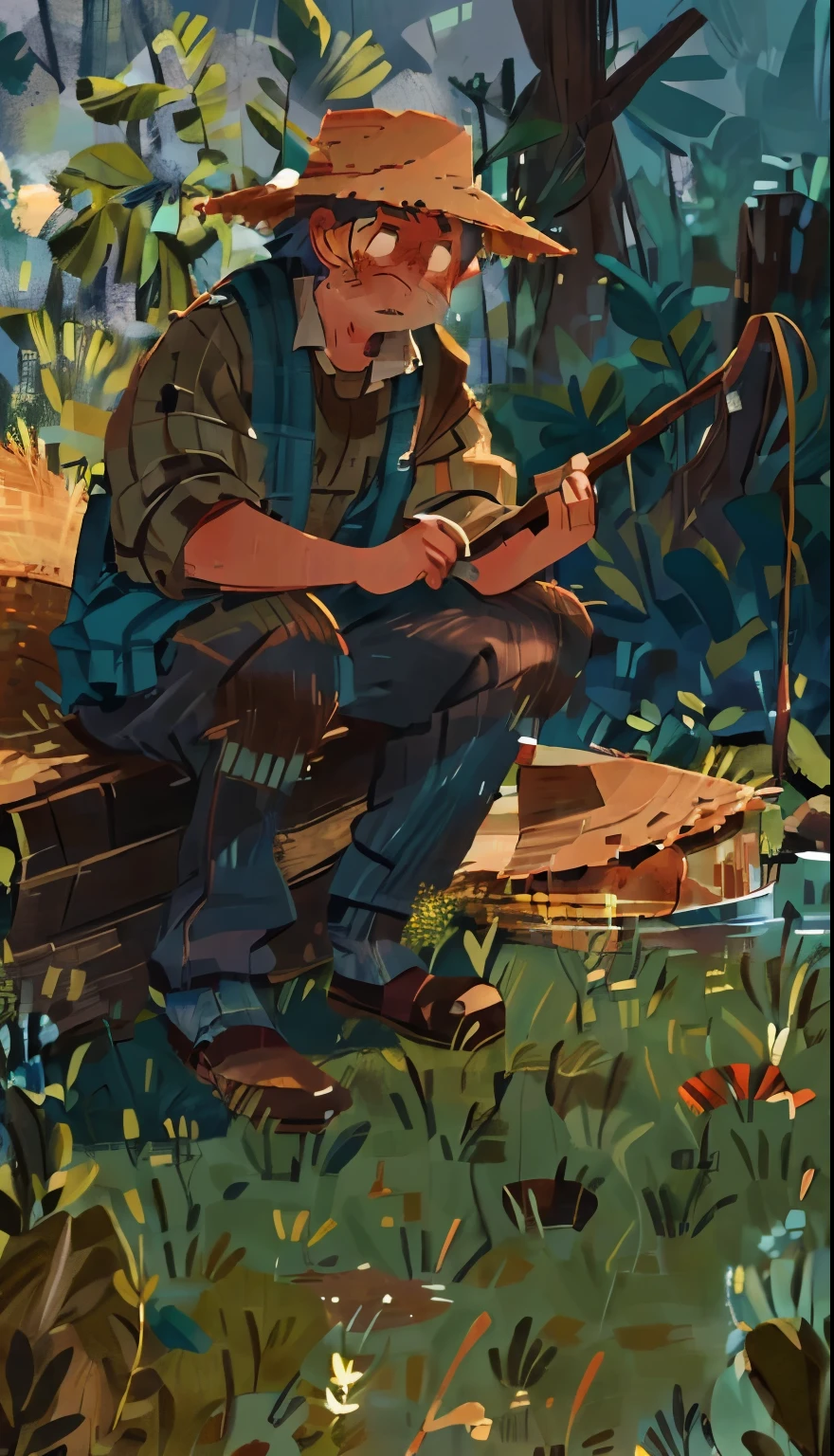 A ragged farmer with a straw hat sits on the ground fishing