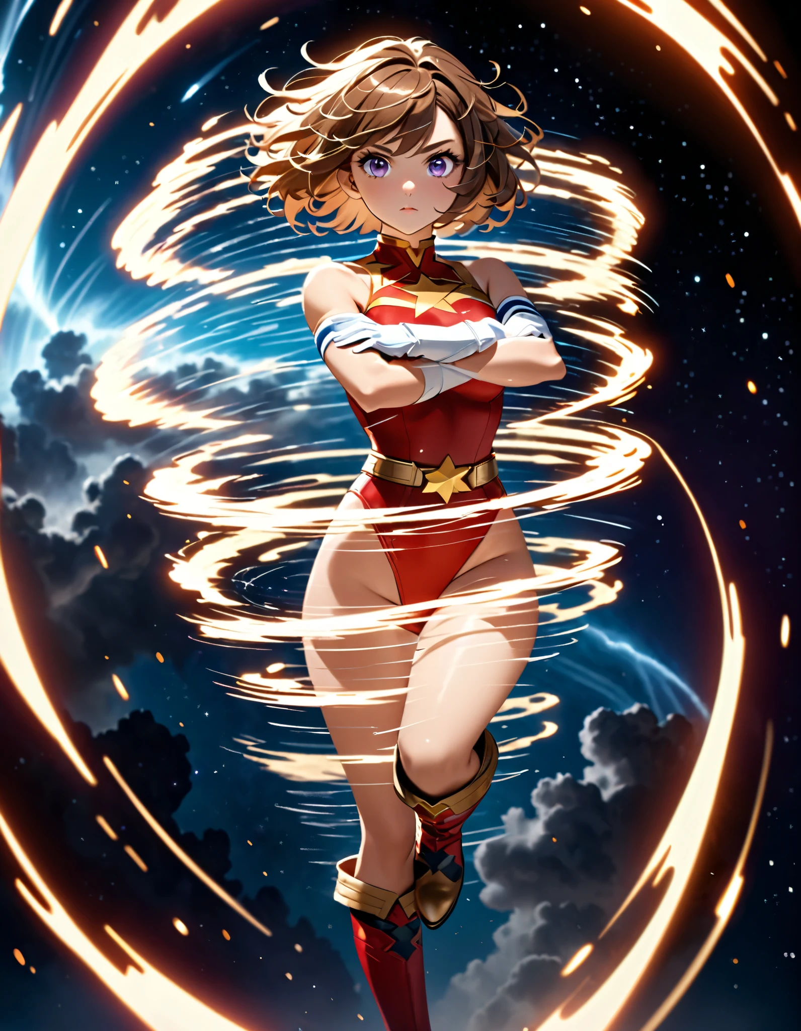 ((masterpiece)). ((best quality)), ((highres)), 1girl, solo, short hair, brown hair, purple eyes, (full body), dynamic flying pose, (sleeveless white and red leotard with yellow accents and star emblem embedded in chest area), (matching white gloves), ((bare legs)), superhero, tokyo city backdrop, matching boots, medium breasts, 20 age, super speed,