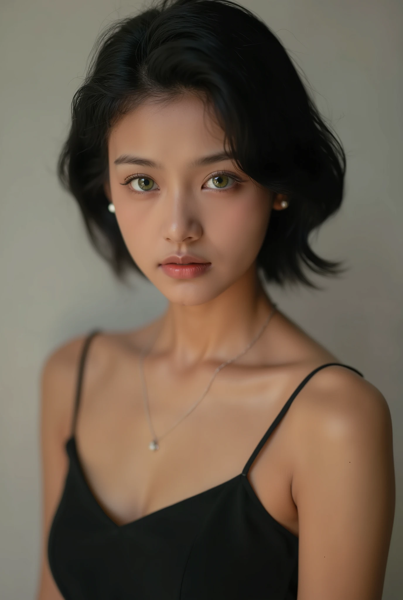 Jeune fille de 18 ans avec des cheveux noir court, de face , avec des yeux vert, d origine colombienne, en robe noir , portrait , 4k 