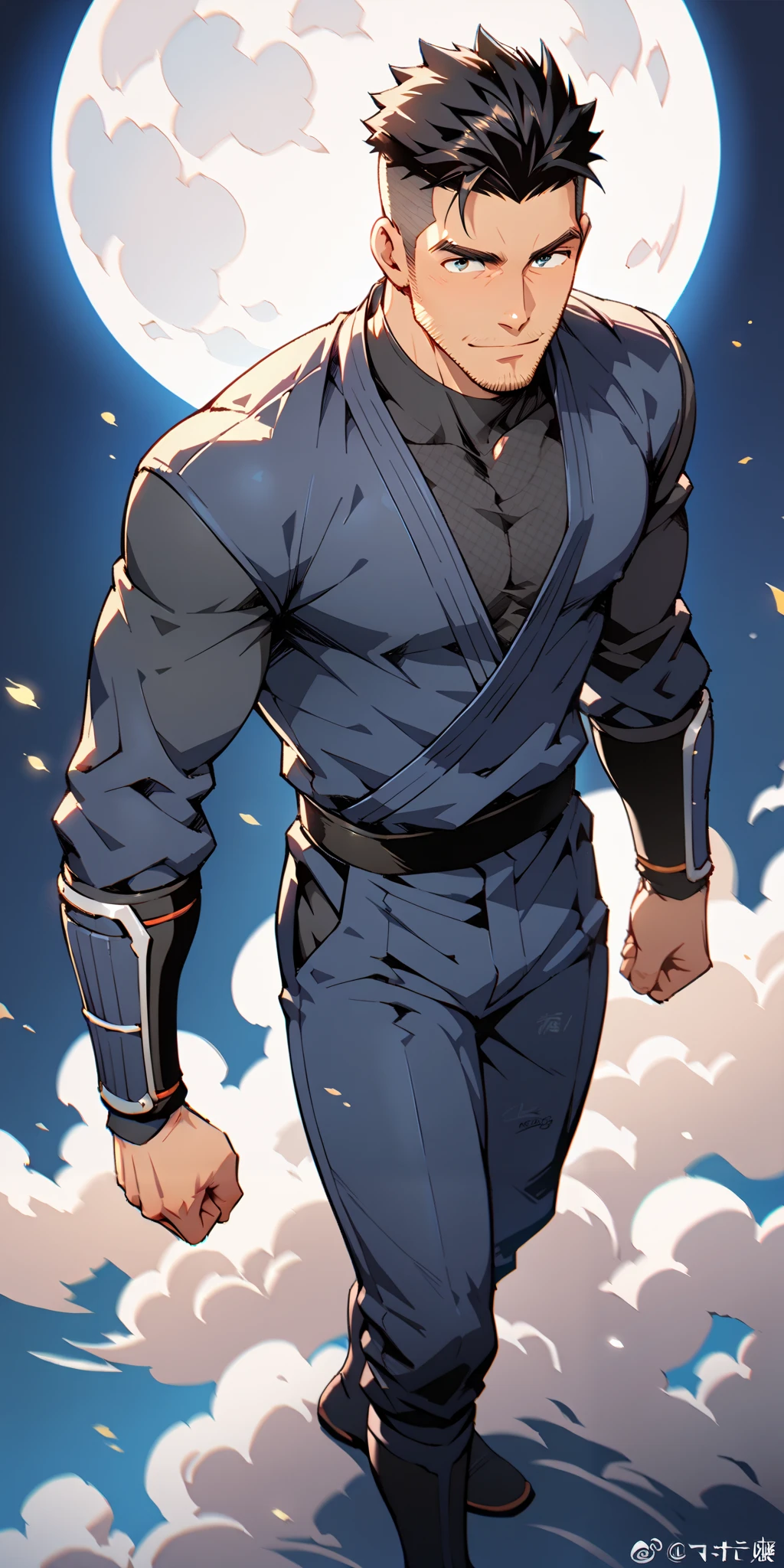 anime character: (((ninja))), slim male, masterpiece, intricate details, male focus, mature, manly, short undercut, handsome male, manly, body shot, standing tall, standing, slim, looking at viewer, detailed eyes, night, moon, stubble, modern haircut, full body shot,