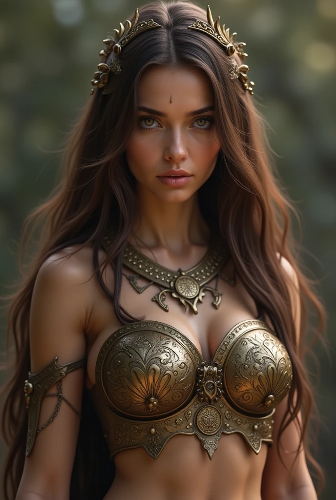 Young woman with thigh-length hair ,Brown eyes ,tanned skin,slender but curvy figure ,Bulging breasts ,He carries with him an armor with precious stones 