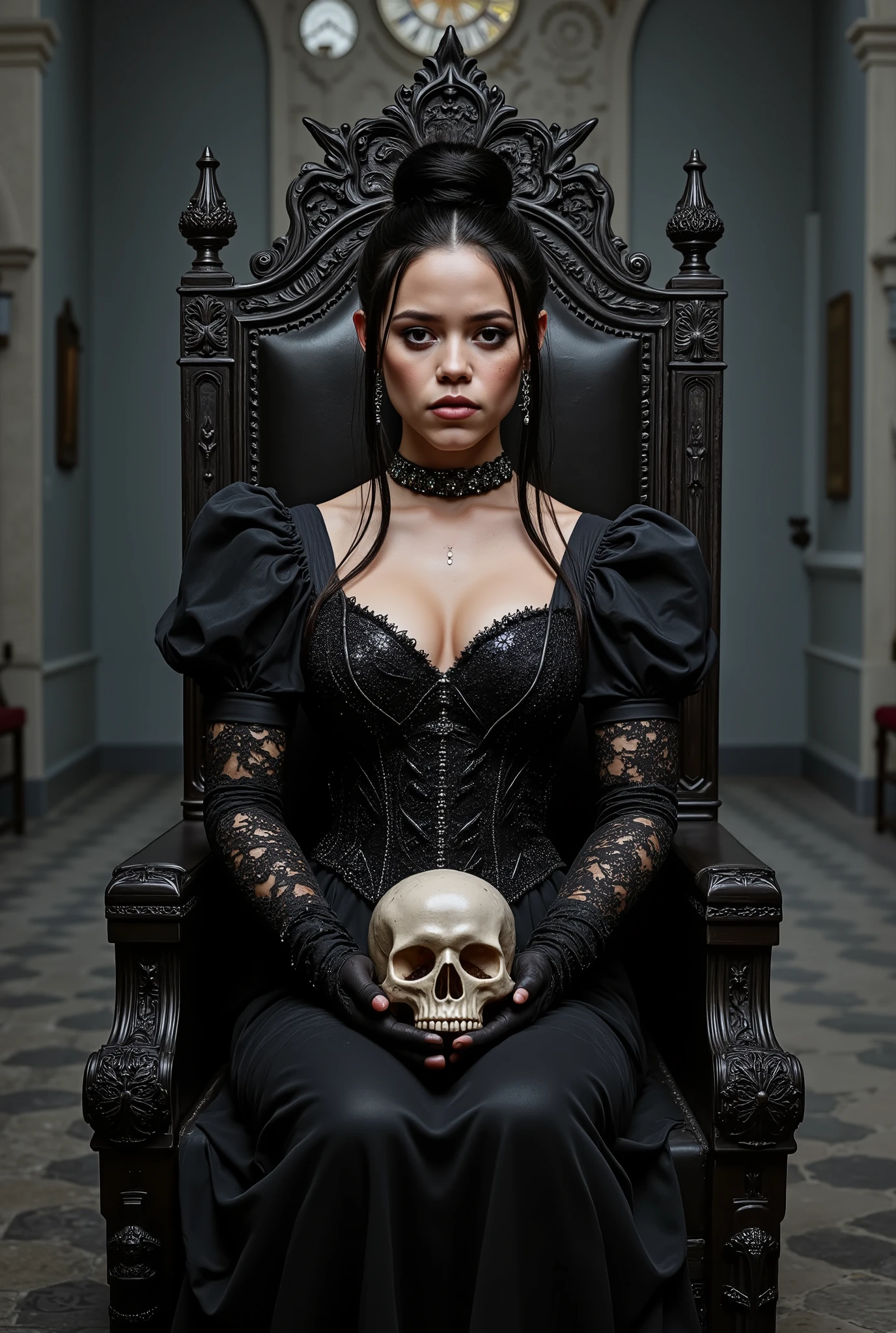 Create a high-quality, realistic photo of Jenna Ortega, accurately depicting her features with precise skin texture. A love that transcends time, High Quality Image, uncensored, 1 Girl, solo, beautiful woman, queen of the night, empress of darkness, long black hair tied back in a bun, long eyelashes, red eyes, half closed, detailed face and eyes, mole under eye, moist lips, slim body, black medieval European dress, high neck, choker, long sleeves, lace gloves, high heels, black veil, empty great hall, seated on throne, looking sadly at one skull in hand, sitting cross-legged, close-up of skull and woman's face, To trigger Jenna Ortega's LoRA, include the keyword 'j3ennaort3ga' in the generation process. The overall mood should convey elegance of Horror fearful LeWD, black smoke, Black veins, mystery, and sexify, combining the natural Boobs setting, mystical black, and striking sexy attire to create a captivating and immersive visual experience that embodies the theme of a 'LeWD-Stubborn Girl.'