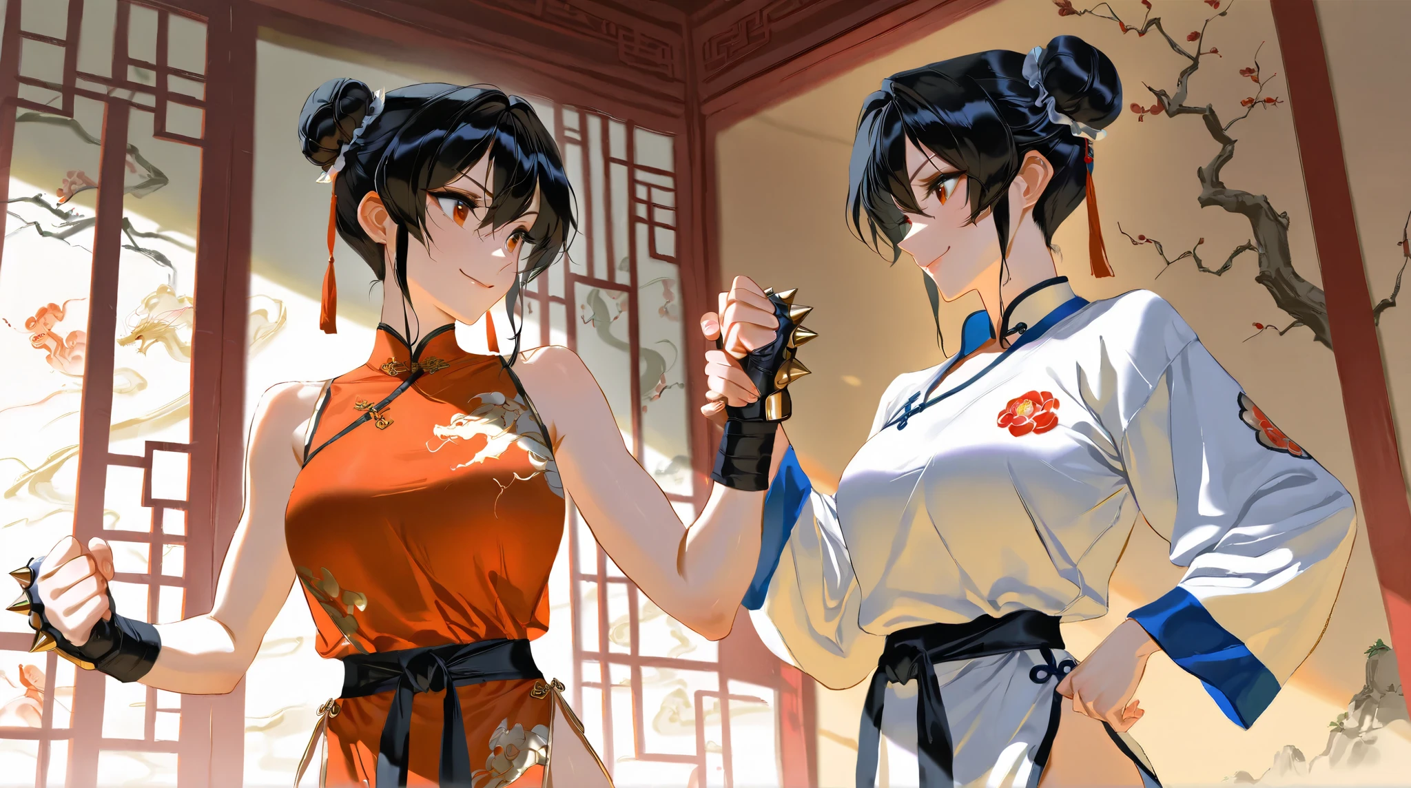 Boxing action Two women in Chinese dresses are boxing in the ring. The woman on the right hits the woman on the left in the cheek.. The woman on the left has her right eye closed, opening her mouth, and sweat.