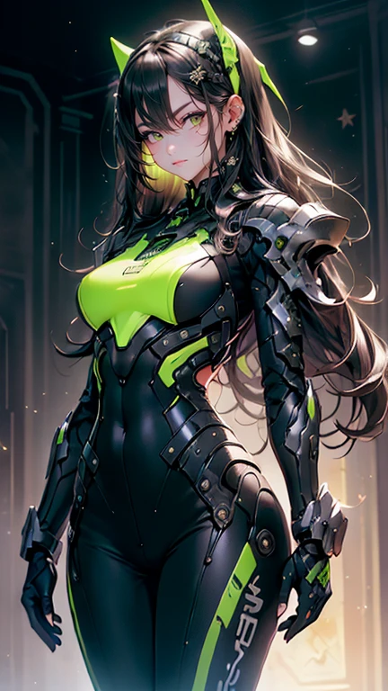 (masterpiece), best quality, ultra high res, sharp focus, (white flat background:1.2), a gorgeous humanoid female, robot skin, (green eyes), brown long hair, looks down, avoid to look at the viewers, serious face