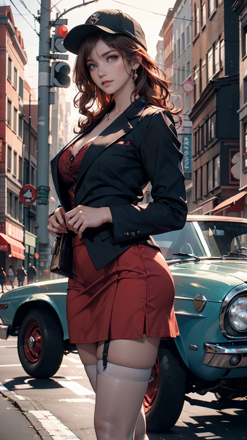 masterpiece, Pale skin, Red lips, Bright Eyes, eye shadow, Photographed from the front、A beautiful red-haired woman with medium curly hair、Standing on the street with a Thompson M1928A1 drum。, Behind her is a still green 1928 Cadillac Town Sedan., She is wearing a mafia suit in red and black colors, She has a mafia-style skirt and jacket draped over her shoulders, She also wears a hat, Garter holders and heels, Very detailedボディ, Detailed cars and clothing, Chiaroscuro, Natural light, Very detailed, She and the car focused on the image.