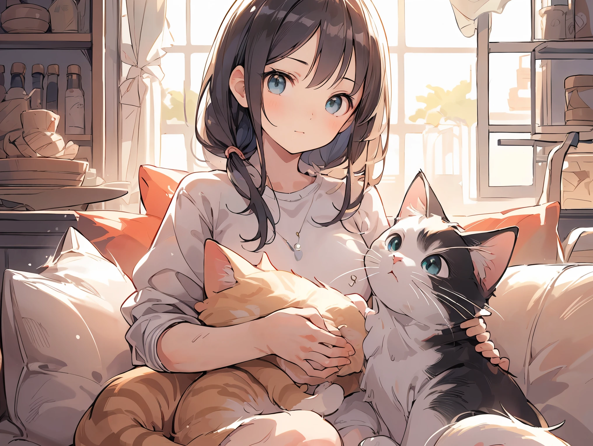 ((best quality)), ((masterpiece)), (detailed), perfect face, textured skin, ((super detail)), A girl surrounded by cats, Sitting on the sofa