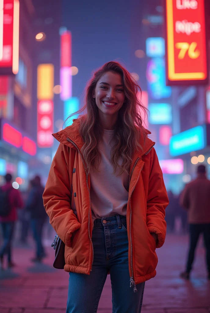 (8k, RAW photo, best quality, masterpiece:1.2), (realistic, photo-realistic:1.37), best quality, ultra high res, photon mapping, radiosity, physically-based rendering, 1girl, ((glasses)), ((hoodie)), ((sweatpants)), naughty face, cute, (laughing), (happy), looking at viewer, posing, (full body), large breasts, busty, large butt, cityscape, night, (bokeh:1.4), ((wink)), ((hair blown by air))