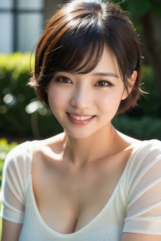 masterpiece, Best Quality, 8K, 20 yo, (Large breast:1.2), cuddly, Solo, smile shyly, close up, Cute, Girly, Delicate girl, Neat and clean beauty,  Raw photo, Professional Photography, Portrait, Soft light, Professional Lighting, Back lighting, Upper body, Looking away, Sophisticated, Film grain, (Eyes and faces with detailed:1.0), short length floating hair , beautiful flowing hair, bangs, silk blouse,