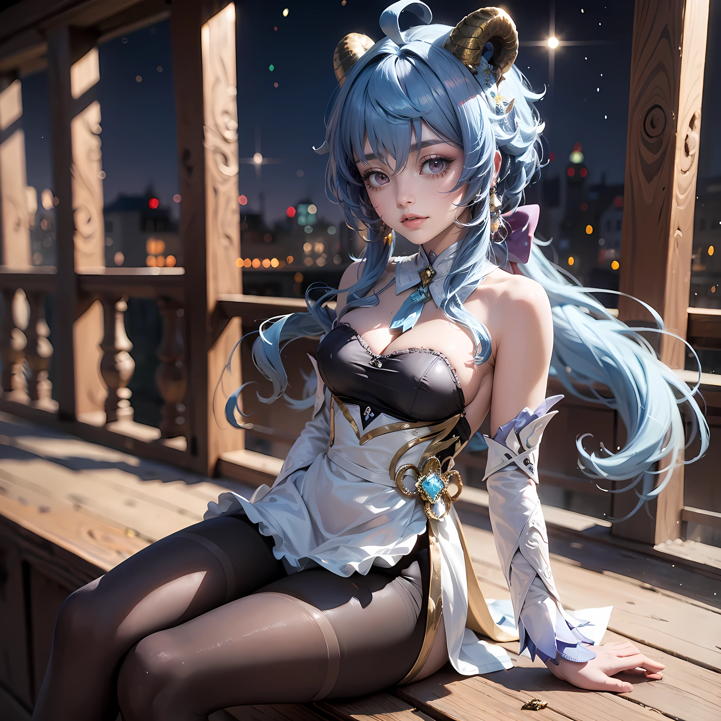 1girl, blue hair, red horns, dress, solo, ahoge, armpits, bare shoulders, glow eyes, maid dress with bare shoulder, prescription glasses, chest sarashi, collarbone, cowboy shot, stomach, strapless, white apron, maid dress, maid, streaked hair, thigh gap, very long hair, long flowing hair, floating hair, multicolored hair, magical girl, perfectly body, gold jewelry, twintails, jewelry, Cute beautiful slim hair, with big lips, freckles, blue eyes, long hair with long straight hair and bangs, perfect body, perfect hands,In black tights, thick thighs, prescription glasses, maid uniform, maid dress, maid apron, skirt with layers, lux garden, sitting on the garden grass, gold jewelry, more details, best quality, blushing, maid headdress, maid dress with too many frills, short skirt, sparkle, centered girls, cowboy shot, glowing hair, magical girl, sparkles, more details on her clothes, dress with transparency, golden details on her dress, night