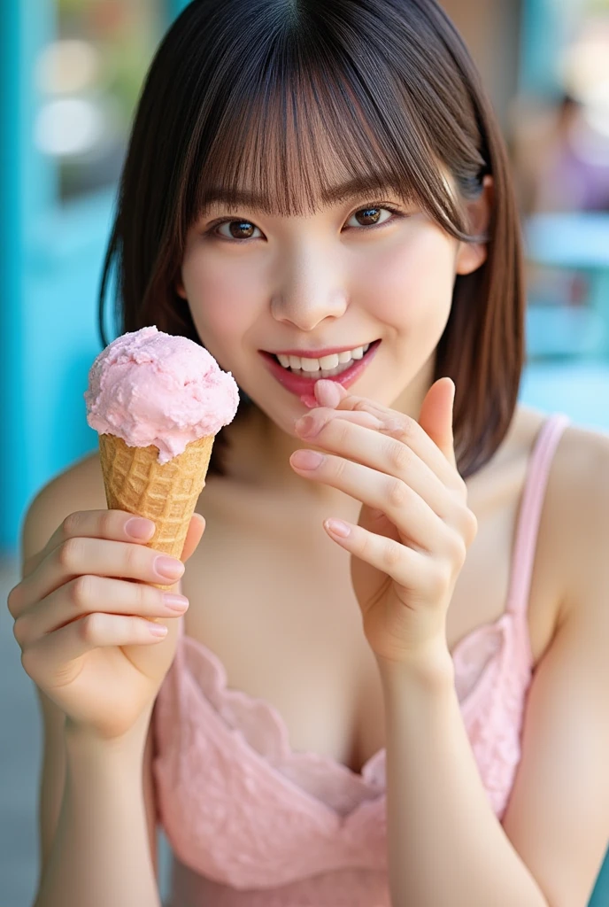 Cute Japanese Women, ((Licking ice cream)), ice cream cone, (holding ice cream cone: 1.4), Open your mouth, (Sticking out tongue: 1.3), short hair, Natural Makeup, Melting ice cream, look at me, Brown Hair, Soft lips, teeth, 8K wallpaper incorporating highly detailed CG, High resolution, Realistic photos, Cinematic Light, (最high quality: 1.4), high quality, (((Bokeh))), Depth of written boundary.