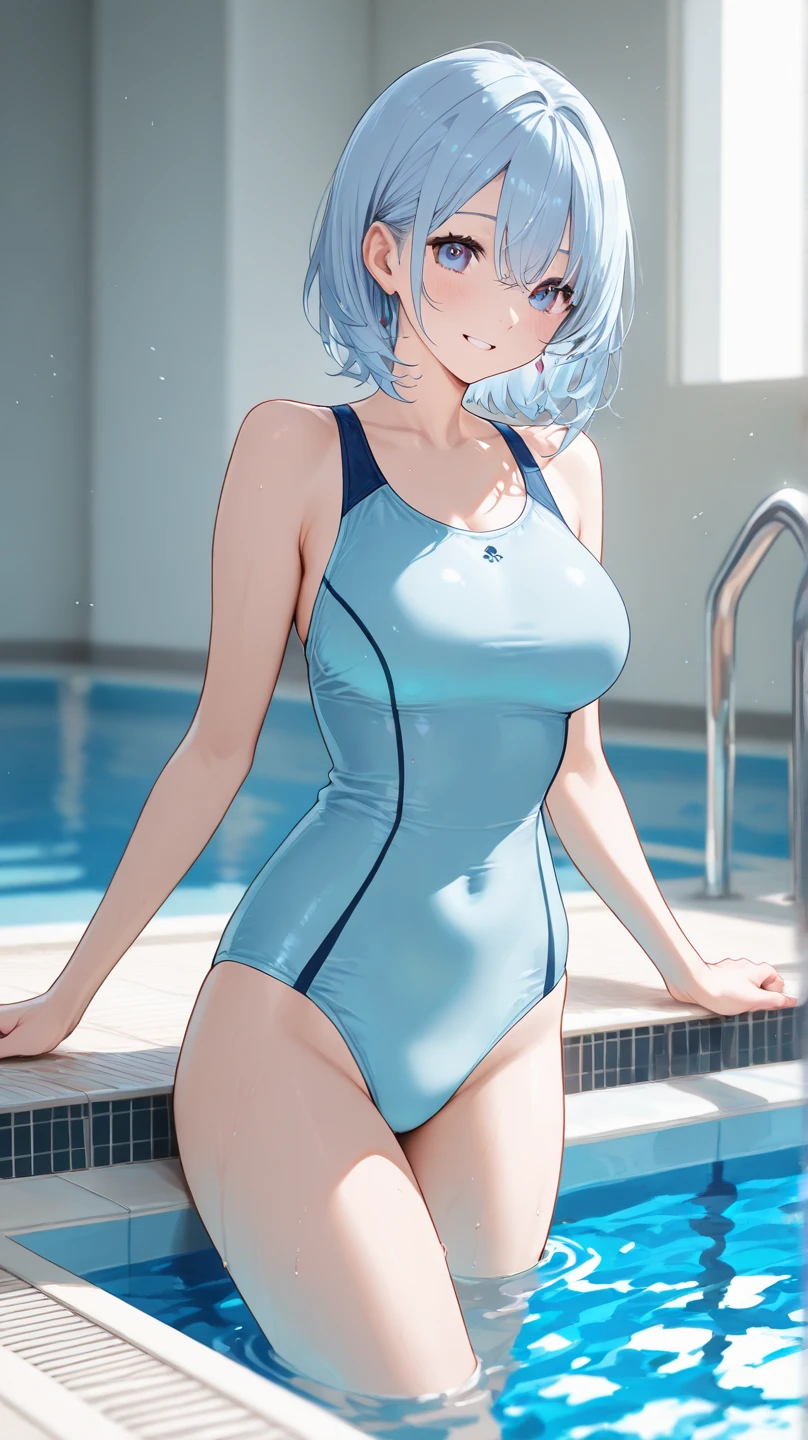 ((Embarrassing)), ((Put your hands on your chest)), ((Slouched)), 1 Whole body of a girl, elvish, ((silber hair)), Red Eyes, bob cuts, Braided hair, ((School swim wear)), One Piece Swimsuit, Navy blue swimsuit, Outdoor pool, slim figure, speculum, gender change, concept-art, beautiful anime scene, Beautiful anime scenery, top-quality, masterpiece