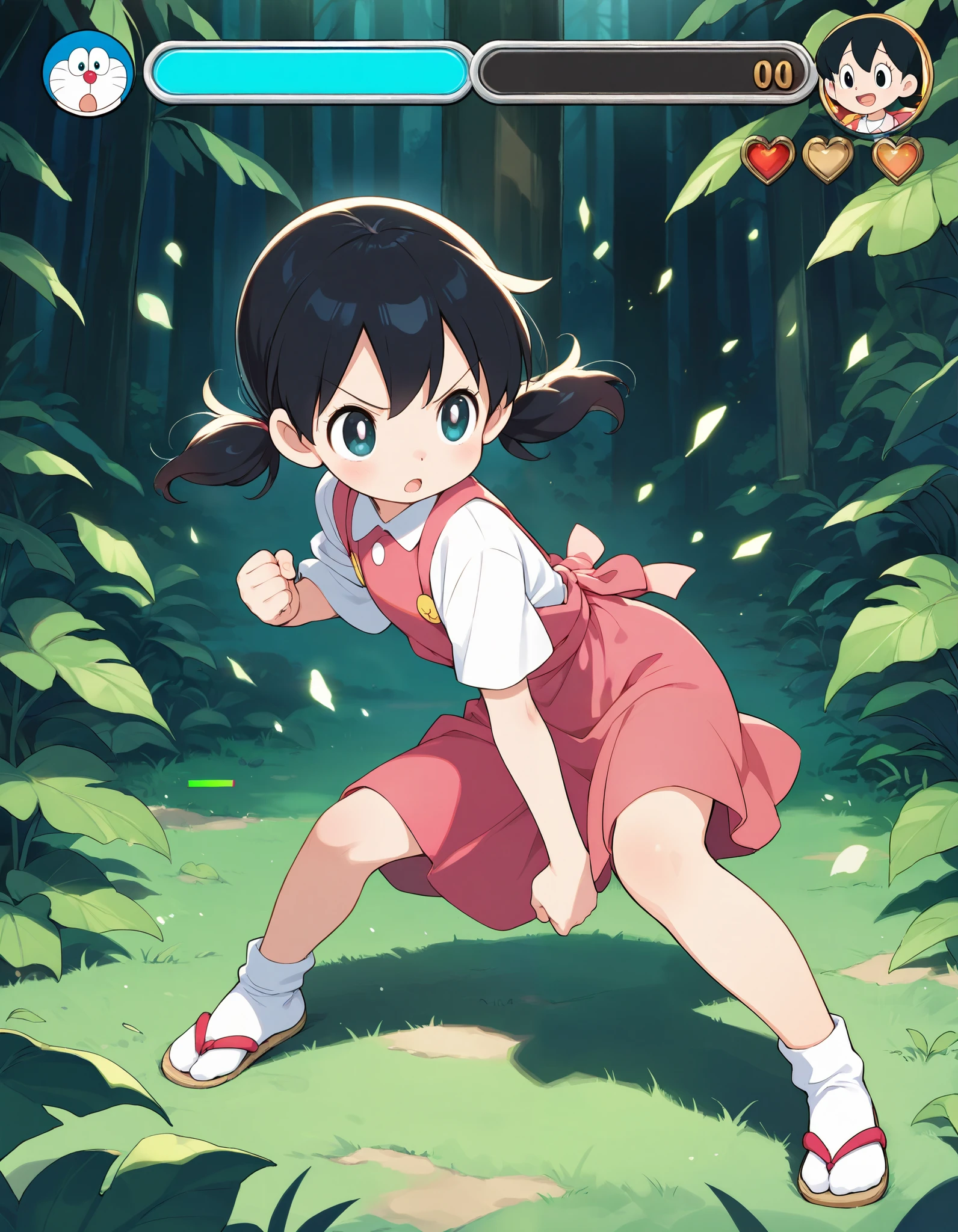 masterpiece,ultra-detailed CG illustration,top quality, best quality, minamoto shizuka \(doraemon\),,fighting stance, health bar,solo focus,loli