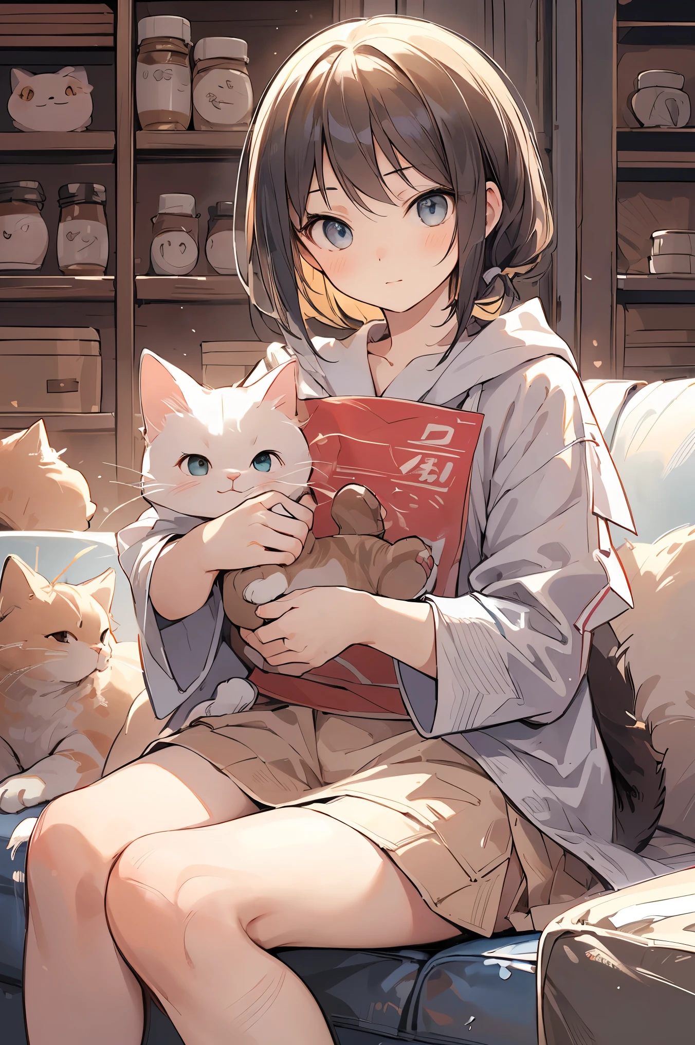 ((best quality)), ((masterpiece)), (detailed), perfect face, textured skin, ((super detail)), A girl surrounded by cats, Sitting on the sofa
