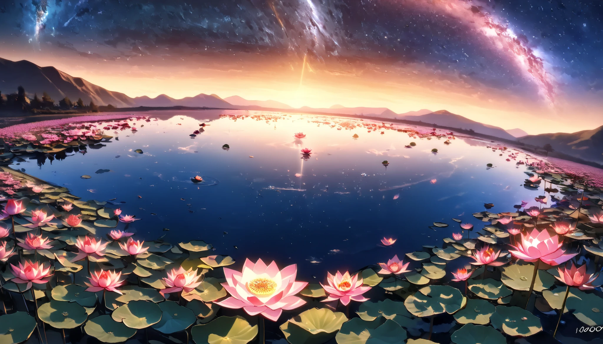 超 high image quality , high image quality , high quality , Spectacular Scenery , The majestic Pure Land paradise ,((( A large group of huge and very beautiful lotus flowers that fill the surface of the lake))),((( 1000 lotus flowers blooming on the lake surface ))),(( Large groups of overlapping, lifelike lotus flowers )),(( Gorgeous lotus flowers that proliferate infinitely )), ((( beautifulデジタルペインティング 眩い程Shine夕日))),( Composition taken with a fisheye lens ),一部にstar空, Milky Way, star, star屑, Milky Way, 流star, star空観察 , horizon , silhouette , beautiful山々, ((( Lake with lots of lotus flowers blooming ))),((( A large group of huge and very beautiful lotus flowers that fill the surface of the lake))),((( mystical atmosphere ))), beautiful夕日 , green, purple , black, Darkness, Shine, Majestic Atmosphere , Depth, Superb view from above , silence, Awe, hope, Romance, timelapse, Astrophotography, beautiful, landscape, Andreas Rocha, beautiful空のグラデーション , Spectacular Wallpaper , Distorted shape , beautiful壁紙, Actual Scenery , The brilliance of the auroras ,湖面にstar空が映る,