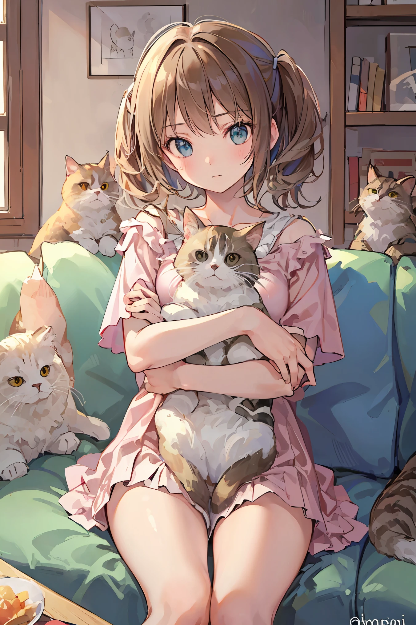 ((best quality)), ((masterpiece)), (detailed), perfect face, textured skin, ((super detail)), A girl surrounded by cats, Sitting on the sofa
