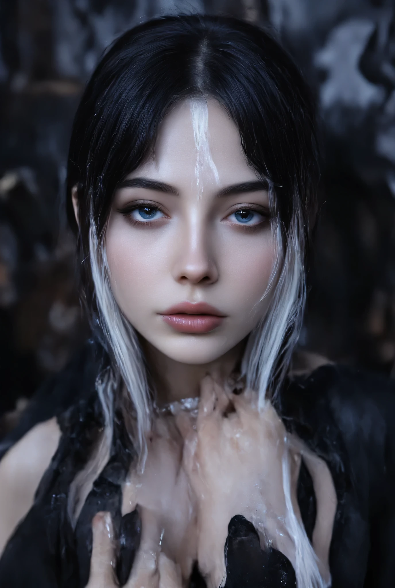 create a gothic model with black hair and a white streak in her hair