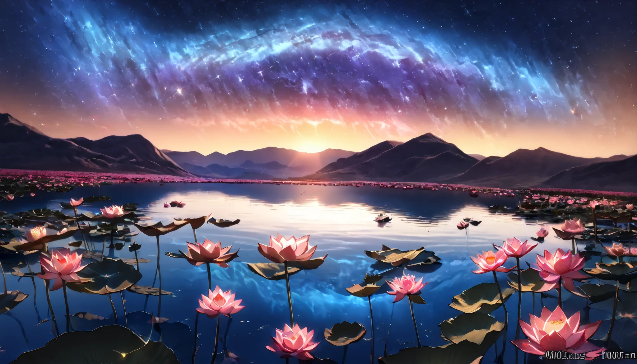 超 high image quality, high image quality, high quality , Spectacular Scenery , Magnificent Pure Land of Paradise ,((Heavenly world)),((( A large group of huge and very beautiful lotus flowers that fill the surface of the lake))),(((1000 lotus flowers on the surface of the lake ))),((Large groups of overlapping realistic lotus flowers)),((A gorgeous lotus flower that multiplies infinitely)), ((( Realistic Lotus Petals See-Through))),((( Beautiful Digital Painting 眩い程Shine夕日))),( Composition taken with a fisheye lens ),一部にstar空, Milky Way, star, star屑, Milky Way, 流star, Stargazing , horizon , silhouette ,Beautiful Mountain々, ((( A lake with so many lotus flowers blooming))),((( A large group of huge and very beautiful lotus flowers that fill the surface of the lake))),((( mystical atmosphere ))), Beautiful Sunset , green, purple , black, Darkness, Shine, Majestic Atmosphere, Depth, Superb view from above , silence, Awe, hope, Romance, timelapse, astrophotography,beautiful, landscape, Andreas Rocha, Beautiful Artistic Pictures , Real Scenery , The brilliance of the auroras ,湖面にstar空が映る,