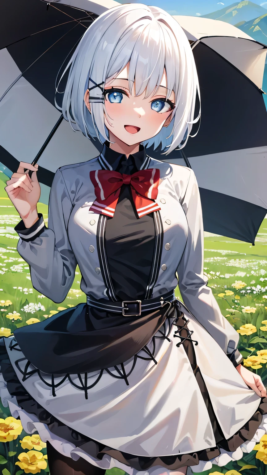 {{{masterpiece}}}, (best quality:1.5), (ultra-detailed:1.5), {illustration}, {{an extremely delicate and beautiful}}, (beautiful detailed eyes:1.6), absurdres, highres, extremely detailed face, 16k, hd, visual anime de uma jovem mulher, extremamente bonito rosto de anime, anime melhor garota, (perfect hands, perfect anatomy), anime face, Siesta (The Detective Is Already Dead), 1girl, solo, cute face, white hair, short hair, bangs, x hair ornament, sidelocks, blue eyes, (High resolution eyes, Beautiful eyes, Light in the eyes), medium breasts, big hips, curvaceous, BREAK, grey jacket, grey dress, long sleeve, grey sleeve, black shirt, red bowtie, black belt, black apron, grey skirt, black pantyhose, thighs, zettai ryouiki, BREAK, smiling, looking at viewer, open mouth, flushed cheeks, (bust shot:1.3), outdoor, mountain, daytime, forest, flower garden, field, medium close-up shot