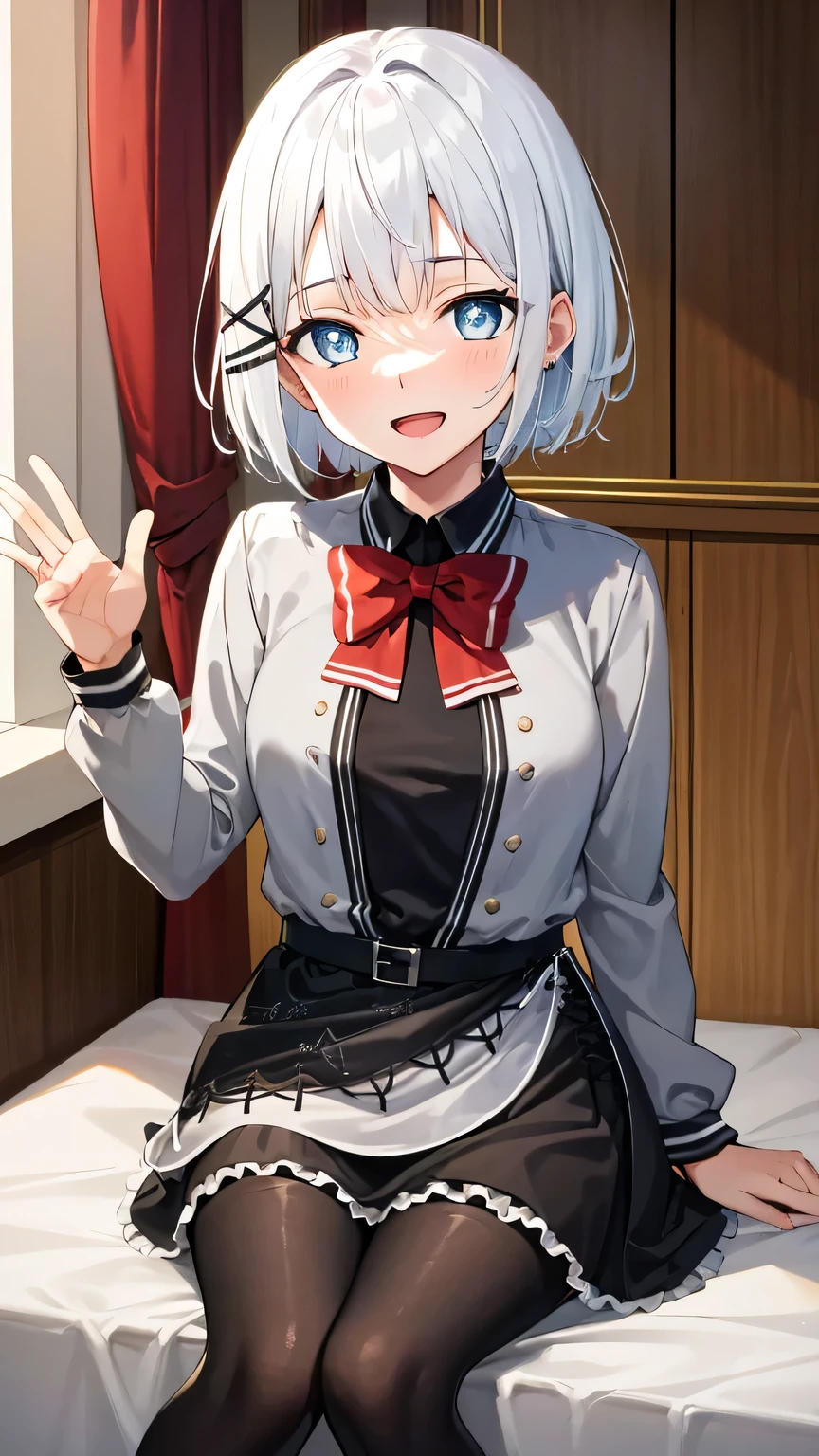 {{{masterpiece}}}, (best quality:1.5), (ultra-detailed:1.5), {illustration}, {{an extremely delicate and beautiful}}, (beautiful detailed eyes:1.6), absurdres, highres, extremely detailed face, 16k, hd, visual anime de uma jovem mulher, extremamente bonito rosto de anime, anime melhor garota, (perfect hands, perfect anatomy), anime face, Siesta (The Detective Is Already Dead), 1girl, solo, cute face, white hair, short hair, bangs, x hair ornament, sidelocks, blue eyes, (High resolution eyes, Beautiful eyes, Light in the eyes), medium breasts, big hips, curvaceous, BREAK, grey jacket, grey dress, long sleeve, grey sleeve, black shirt, red bowtie, black belt, black apron, grey skirt, black pantyhose, thighs, zettai ryouiki, BREAK, night, indoor, bedroom, on the bed, window, moonlight, open mouth, smiling, confession, embarrassed, flushed cheeks,from front, looking at viewer, dark room, covering chest by one hand, knees together feet apart, sit