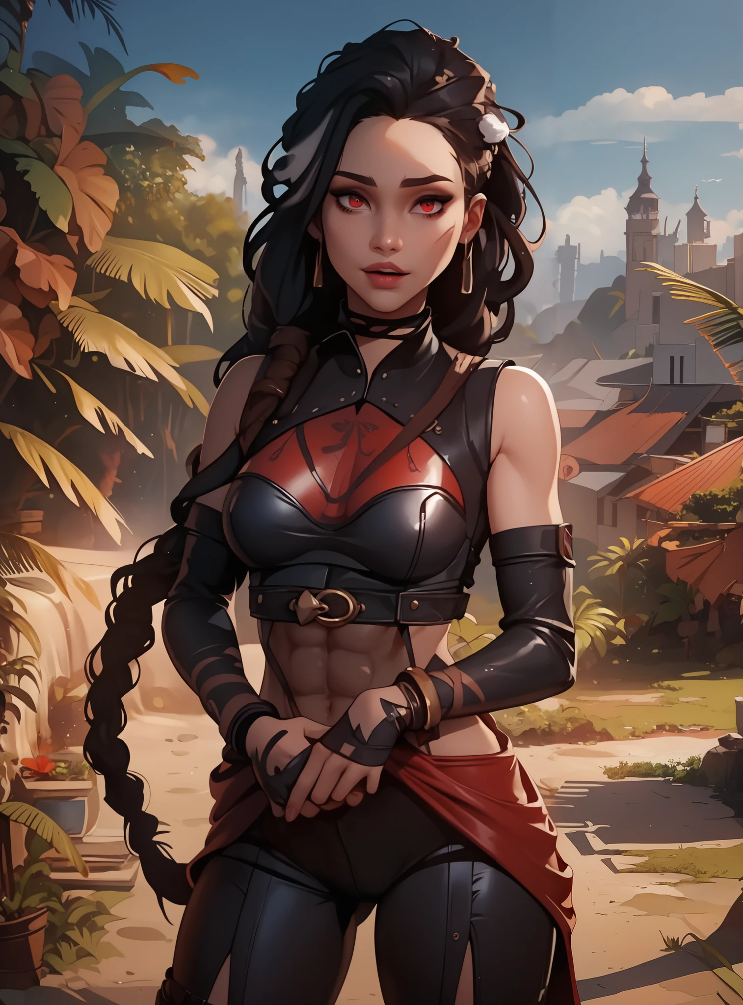  masterpiece, HD ,  great quality,  very aesthetic , absurd,  high contrast ,  high color palette , light glare ,Latest ,2.5D, volumetric lighting , Sweet, jung,  1 girl, aztekisch,  small breasts, red eyes, athletic body, abs, aztekisch,  looks at the viewer ,  jungle in the background, leather clothing , Dreadlocks, smiles, Anime shark teeth, leather clothing  mit Korsage,  beautiful hands 