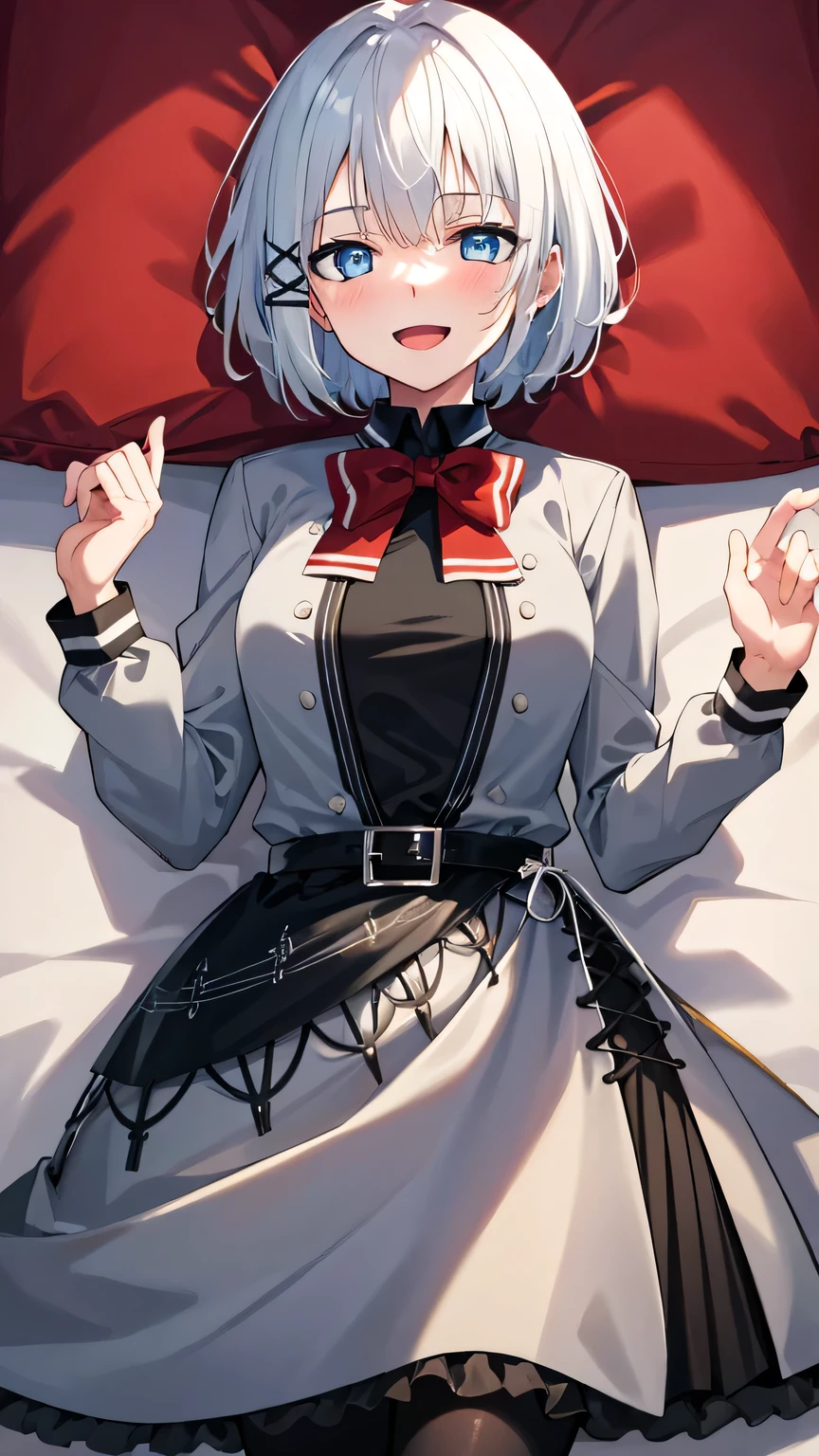 {{{masterpiece}}}, (best quality:1.5), (ultra-detailed:1.5), {illustration}, {{an extremely delicate and beautiful}}, (beautiful detailed eyes:1.6), absurdres, highres, extremely detailed face, 16k, hd, visual anime de uma jovem mulher, extremamente bonito rosto de anime, anime melhor garota, (perfect hands, perfect anatomy), anime face, Siesta (The Detective Is Already Dead), 1girl, solo, cute face, white hair, short hair, bangs, x hair ornament, sidelocks, blue eyes, (High resolution eyes, Beautiful eyes, Light in the eyes), medium breasts, big hips, curvaceous, BREAK, grey jacket, grey dress, long sleeve, grey sleeve, black shirt, red bowtie, black belt, black apron, grey skirt, black pantyhose, thighs, zettai ryouiki, BREAK, staff, lying, on back, smiling, open mouth, embarrassed, flushed cheeks, looking at viewer, on the bed, nude dakimakura, dakimakura (medium)