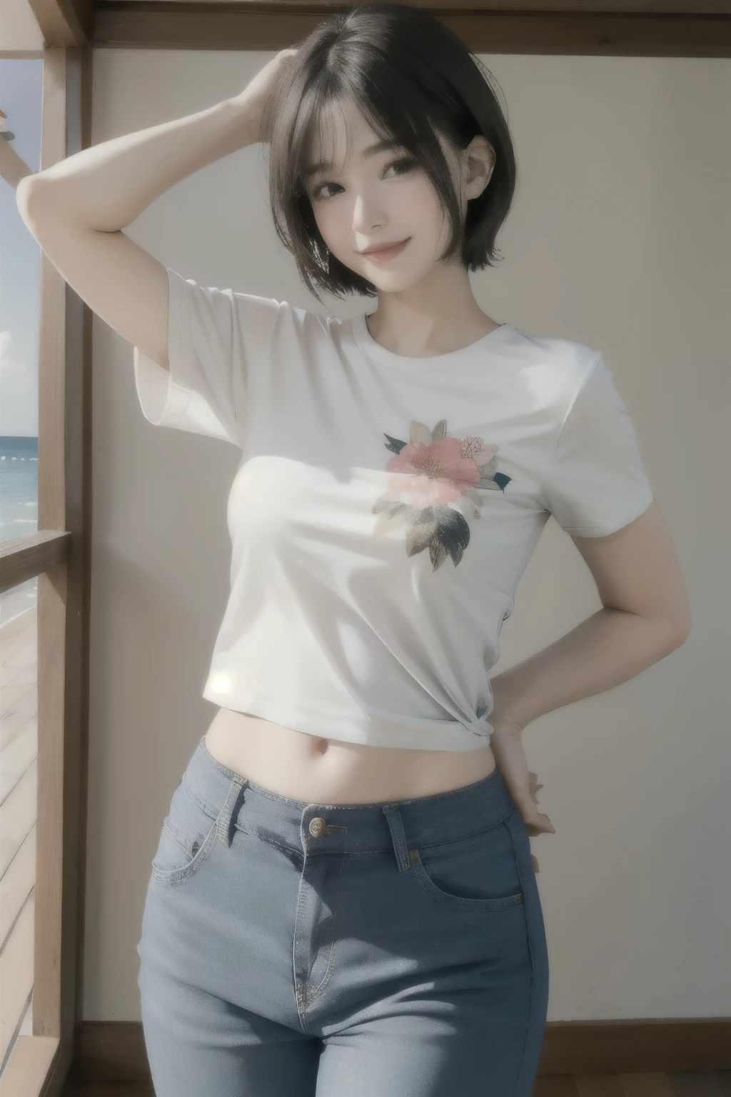 357 (20-year-old woman),( short hair), ( High Definition Photos ), (smile), (Floral T-shirt), ( long pants that float inside)