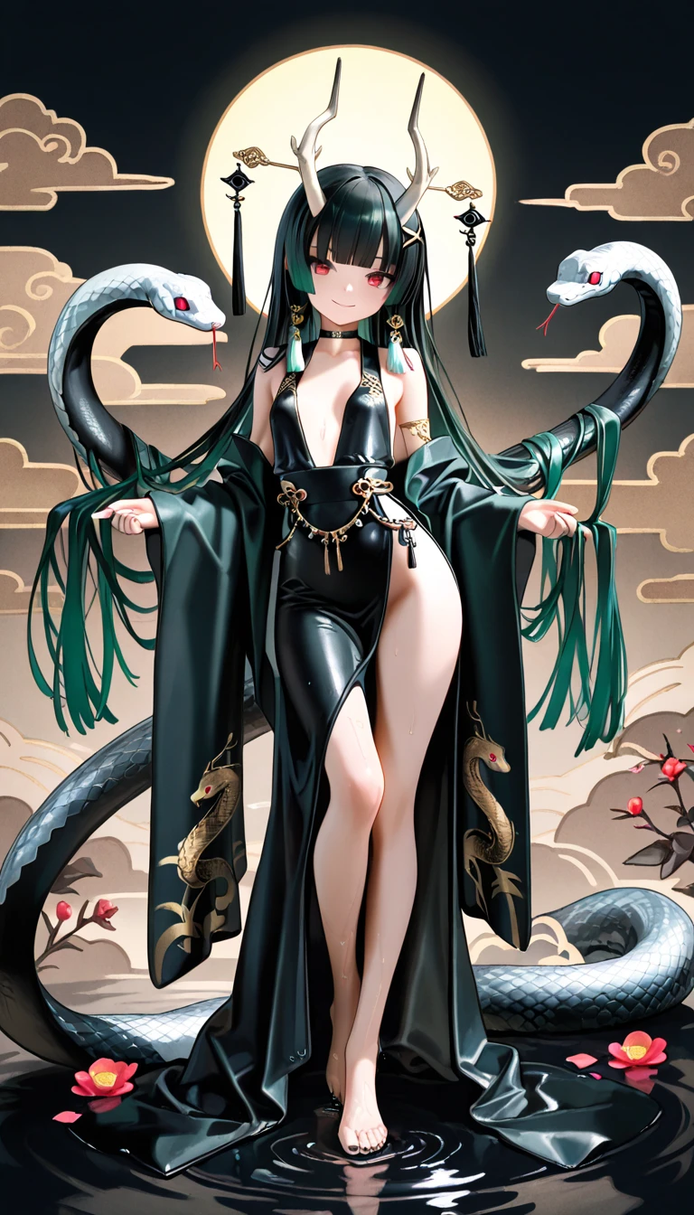boa, hatsune miku, 1girl, solo, long hair, large breasts, black hair, dress, jewelry, very long hair, earrings, shoes, high heels, hand on hip, legs, skull, snake, masterpiece, mature woman, thin, <lora:boa:1>